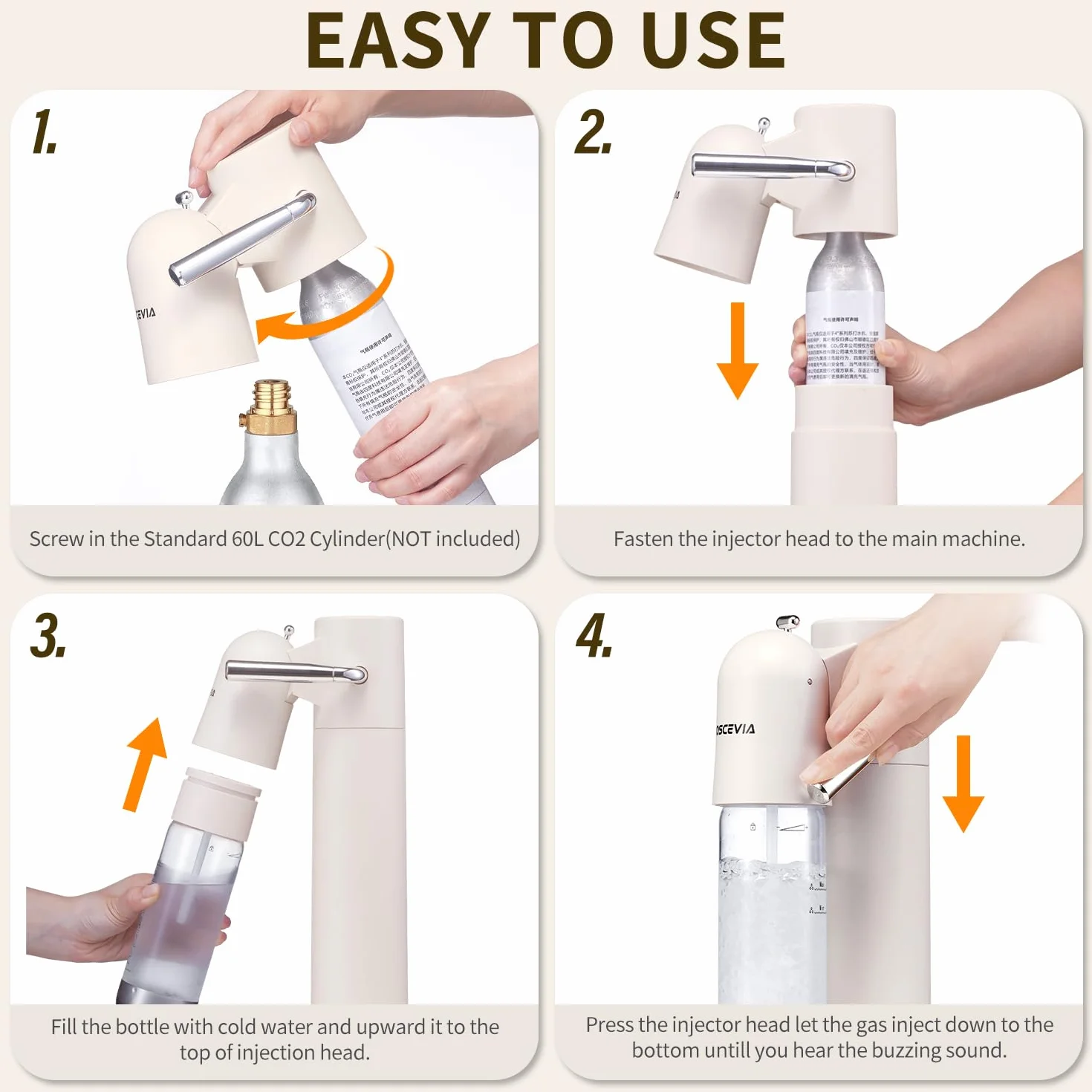 Macchina per Acqua Frizzante per Casa, Macchina per Soda con 2 Bottiglie Senza BPA (1L + 1L), Compatibile con Bombola CO₂ 60L (Non Inclusa), Bianco