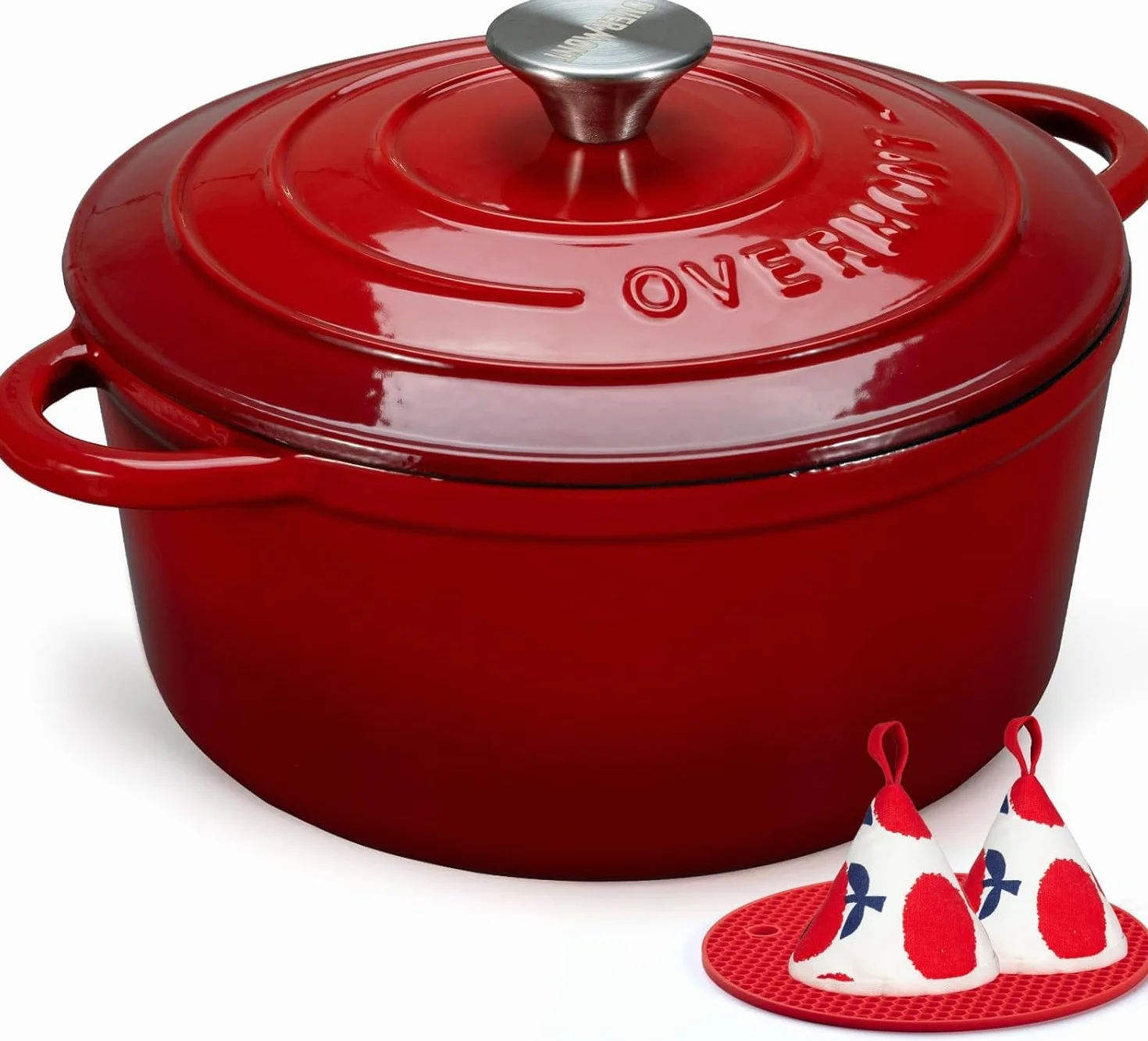 Overmont Casseruola in Ghisa Smaltata - Antiaderente Forno Olandese con Coperchio - Ø26 CM Rotonda Cocotte per Adatto a Piani di Cottura e Forni a Induzione - Rosso