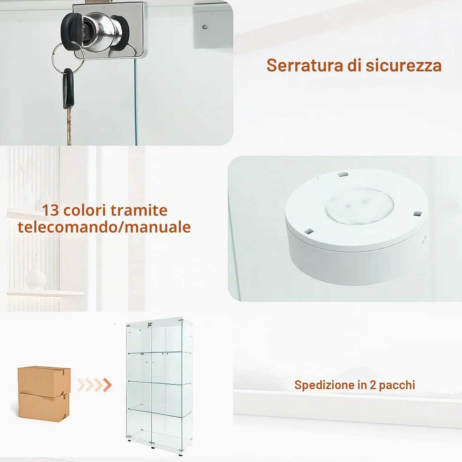 Vetrinetta con illuminazione LED, armadio espositivo bianco 164,5 x 80,6 x 36,5 cm, porte in vetro con serratura, vetrinetta a terra con 2 luci LED, vetro temperato di sicurezza da 5 mm