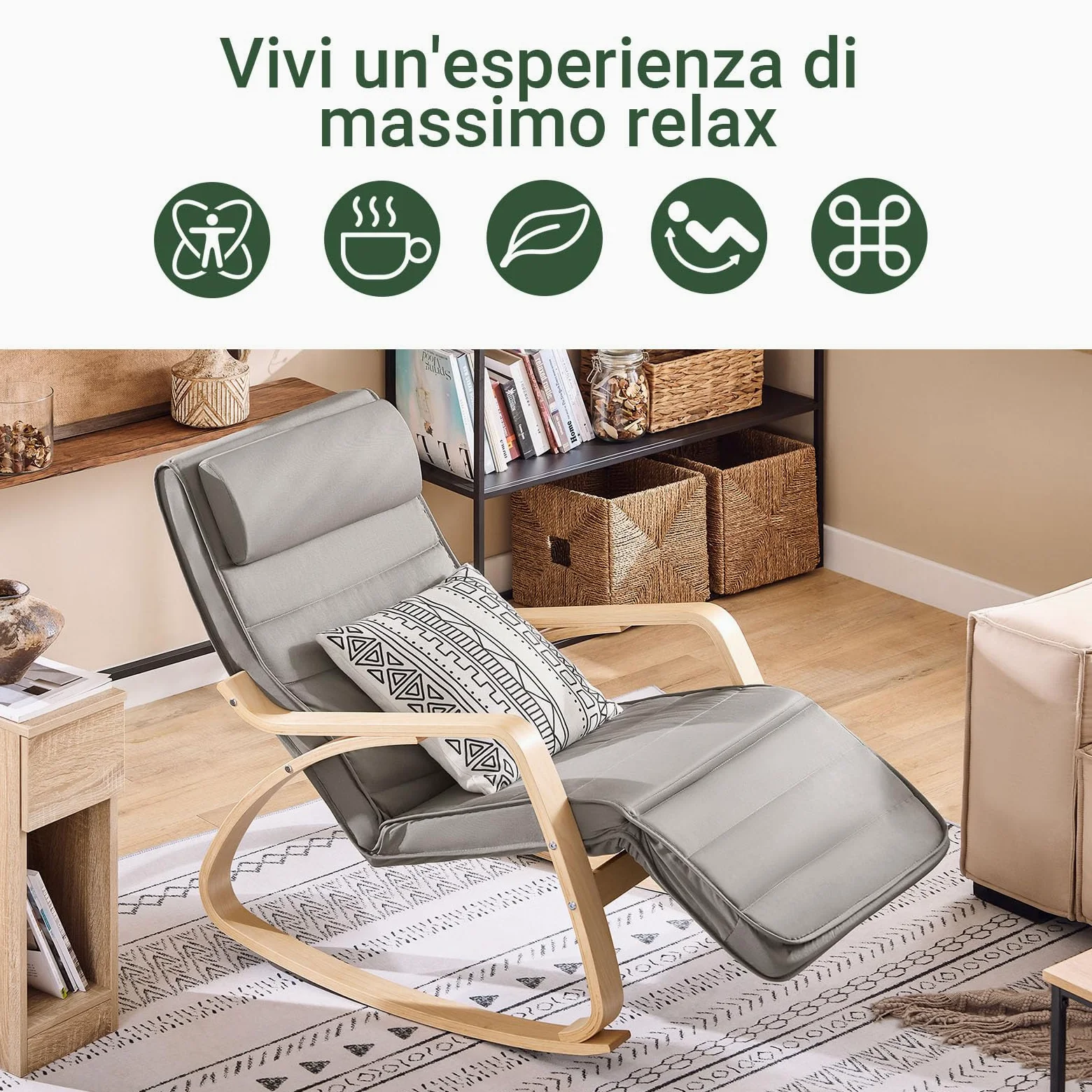 SoBuy Sedia a Dondolo – Poltrona a Dondolo con poggiapiedi e poggiatesta regolabili, Grigio FST16-DG