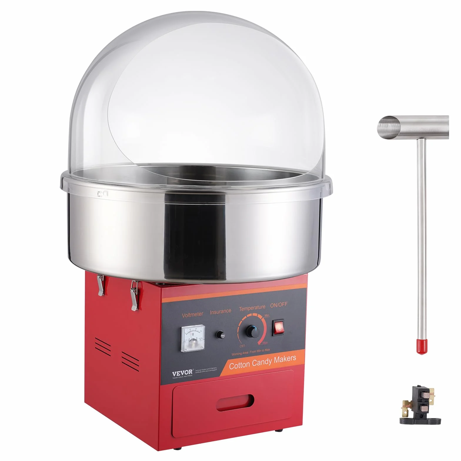 VEVOR Macchina per Barba da Papà Elettrica 1000 W, Dispositivo per Barba da Papà Commerciale con Coperchio Rosso, Ciotola in Acciaio Inossidabile, Cucchiaio da Zucchero, Cassetto, per Fare Caramelle