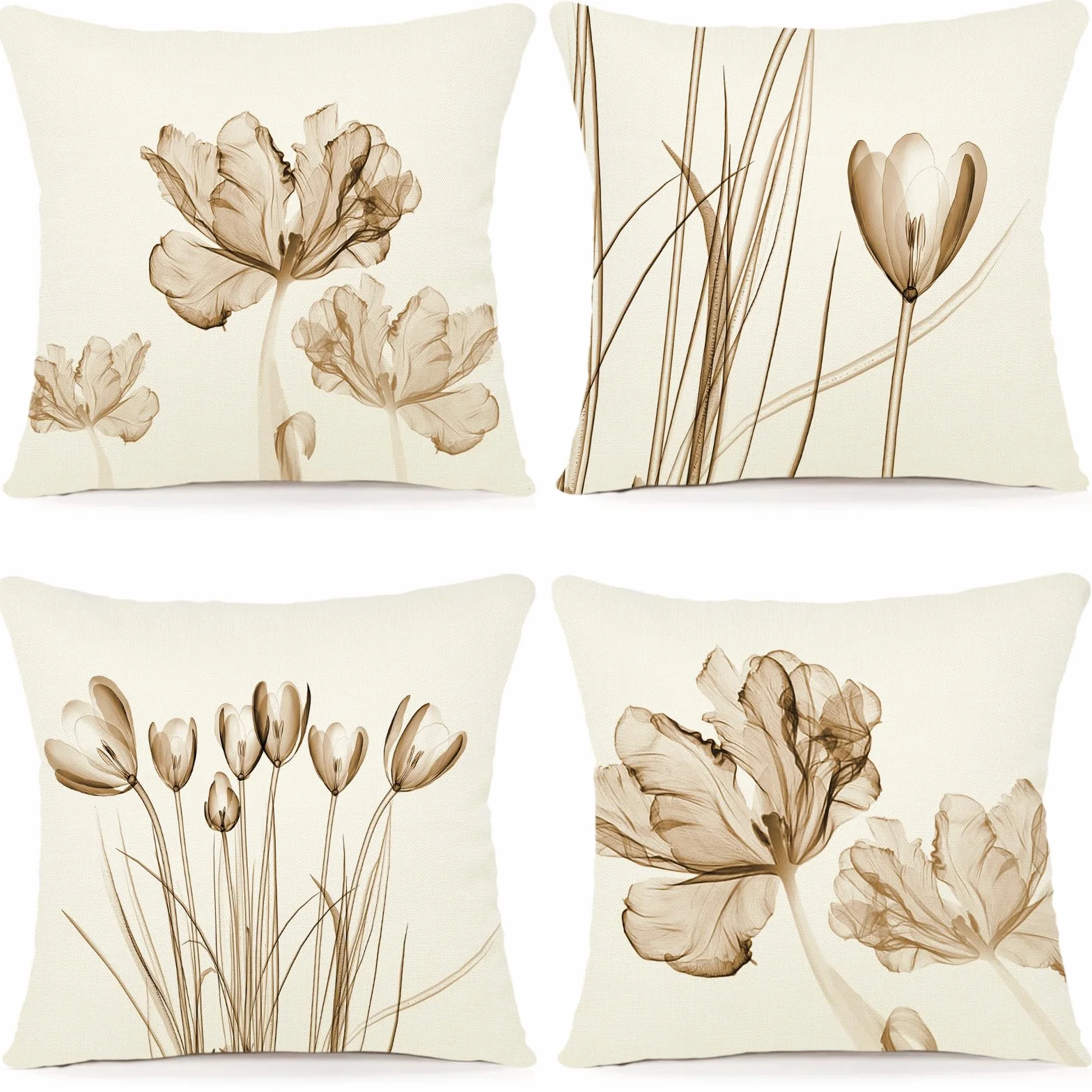 Fodera per Cuscino Decorativa in Lino 40x40 Set di 4 Floreale Pittura ad Acquerello