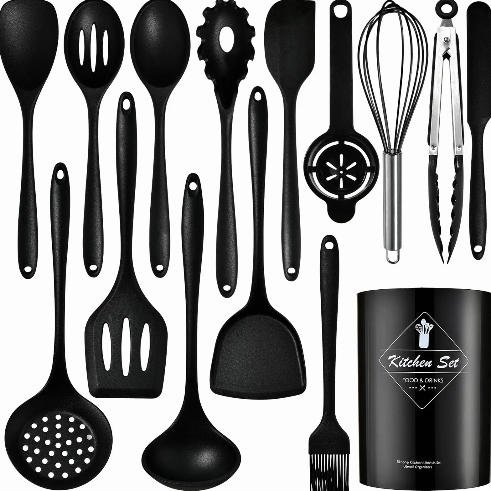 Set 15 utensili da cucina in silicone con manici in acciaio inossidabile, resistenti al calore, neri