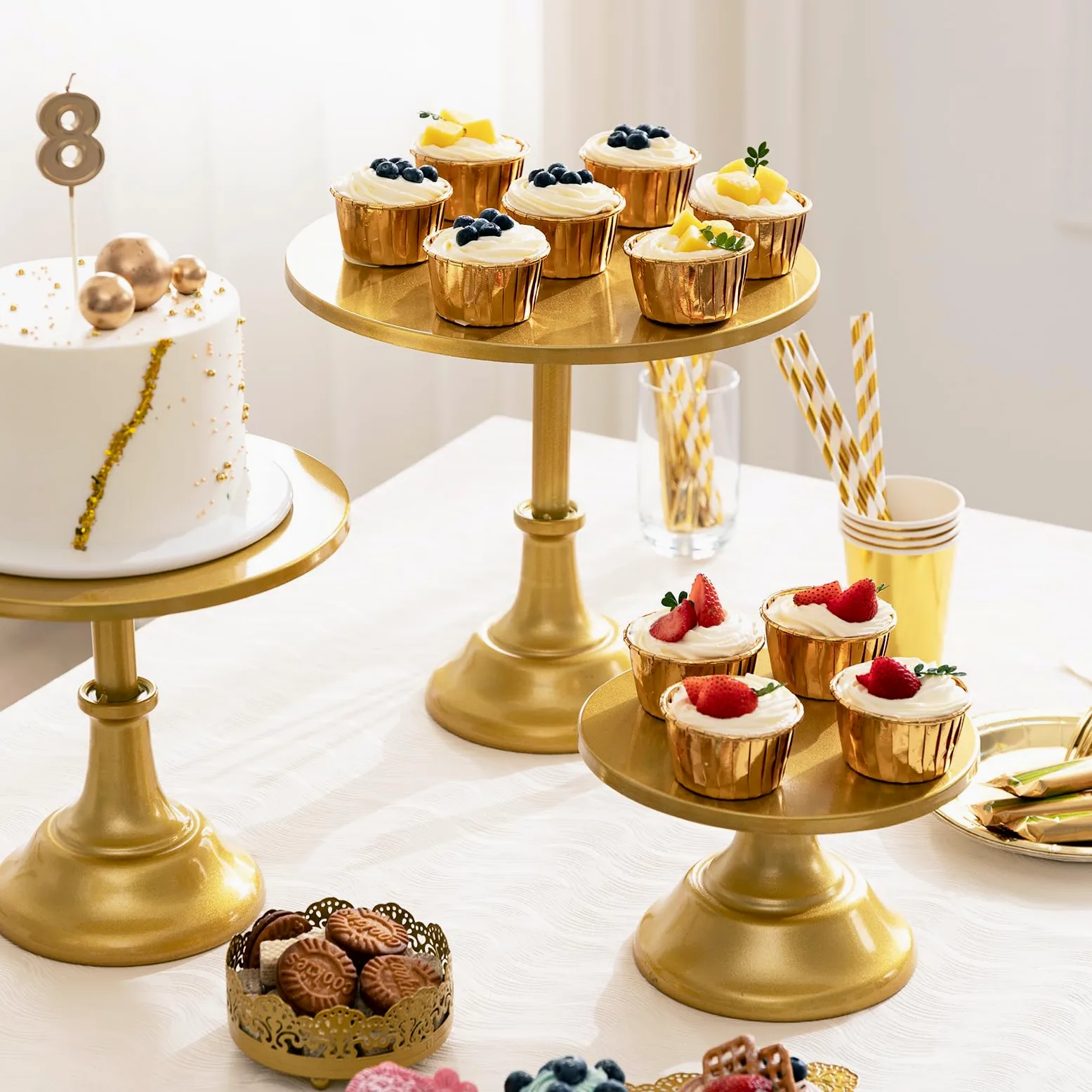 HBlife Set di 3 alzate per torte, color oro, diametro 20,3 cm, 25,4 cm, 30,5 cm, perfetto per dessert, cupcake e torte per feste, matrimoni, compleanni, baby shower, anniversari (metallo)