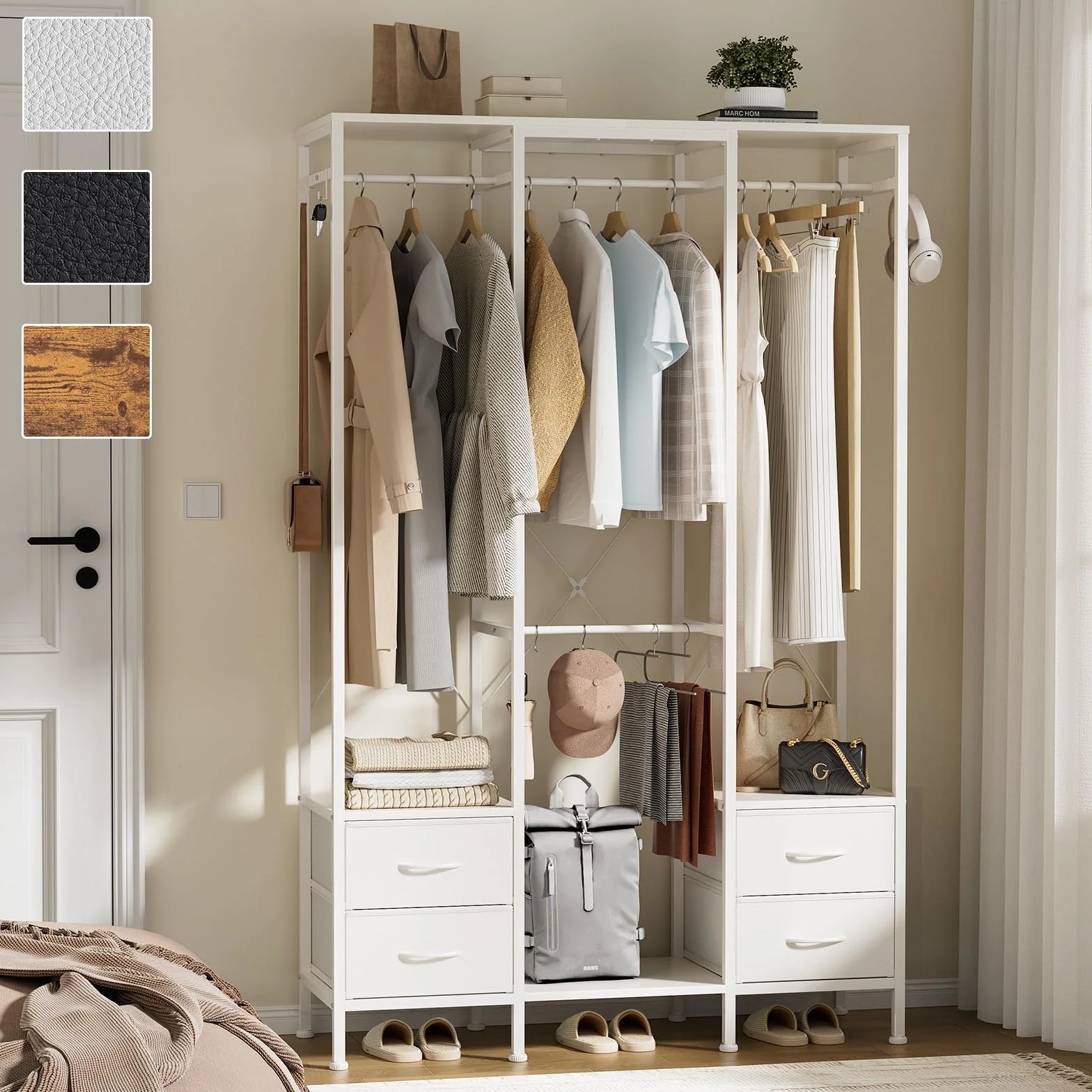 Stand Appendiabiti, Cabina Armadio con 3 Barre e 4 cassetti, Appendiabiti con 4 Ganci Rimovibili, Armadio Aperto Moderno, per Camera da Letto o Ingresso, Bianco