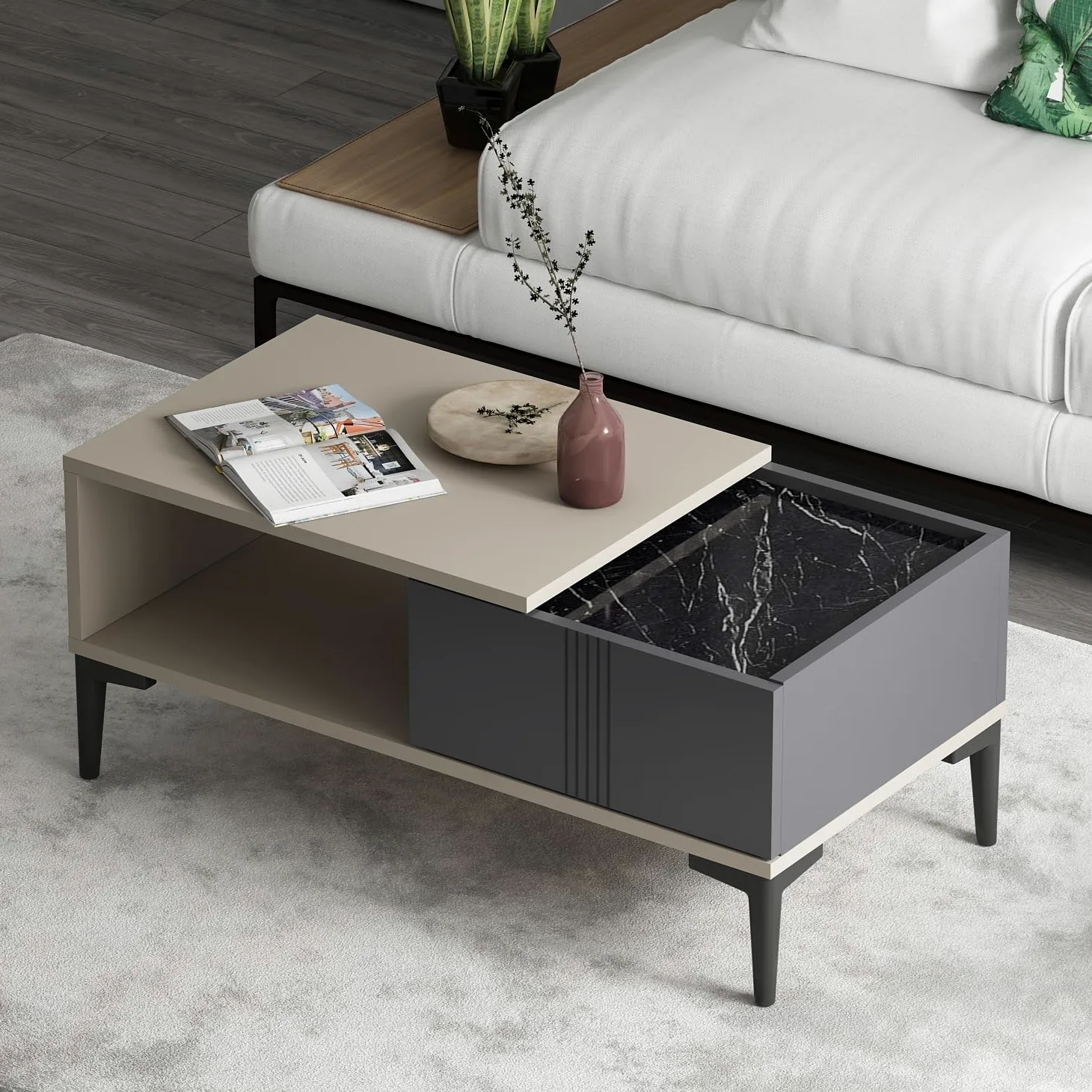 Homidea Modena - Tavolino da salotto con vano portaoggetti da 90 cm, moderno design scandinavo con spazio di archiviazione, tavolino rettangolare per salotto (beige