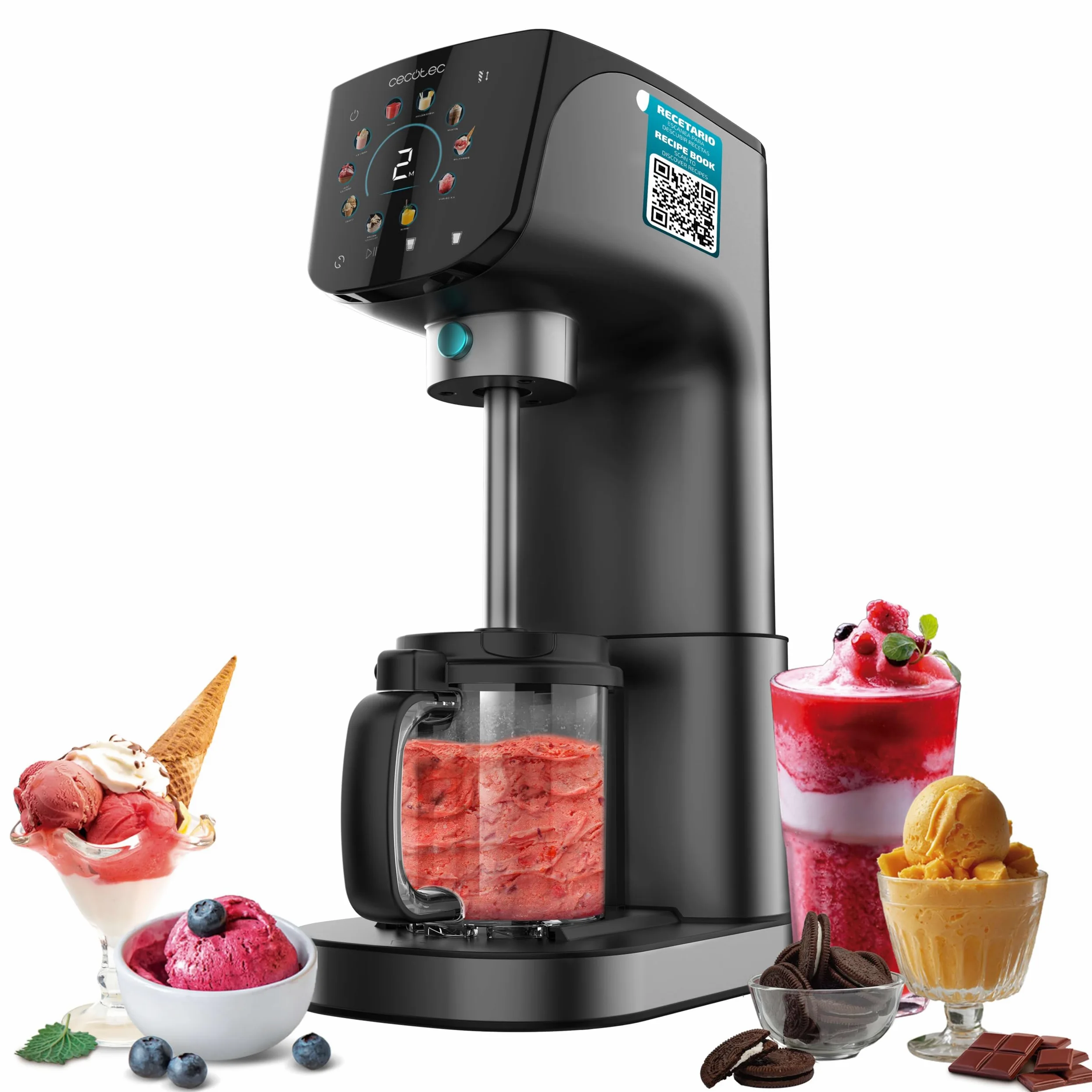 Cecotec Gelatiera - Macchina per Gelato e Dessert Congelati Gelatec 2100. 500W. 11 Programmi: Gelati. Sorbetti. Frullati. Frappè. Tecnologia CreamOn. Touch Screen. Capacità 2.1L con Tarrine BPA Free