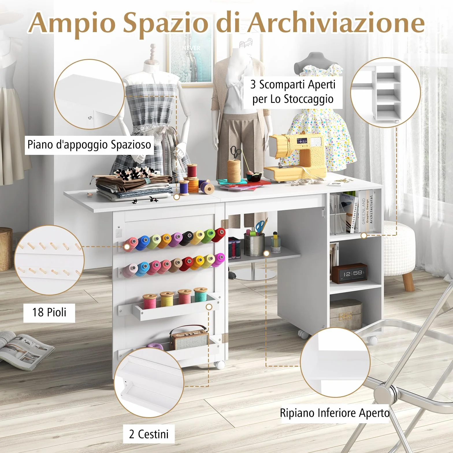 RELAX4LIFE Tavolo da Cucito Pieghevole, Mobile per Macchina da Cucire con Ripiani di Stoccaggio, 2 Contenitori e 18 Ganci, Stazione di Lavoro Portatile con Ruote Bloccabili per Spazi Ristretti