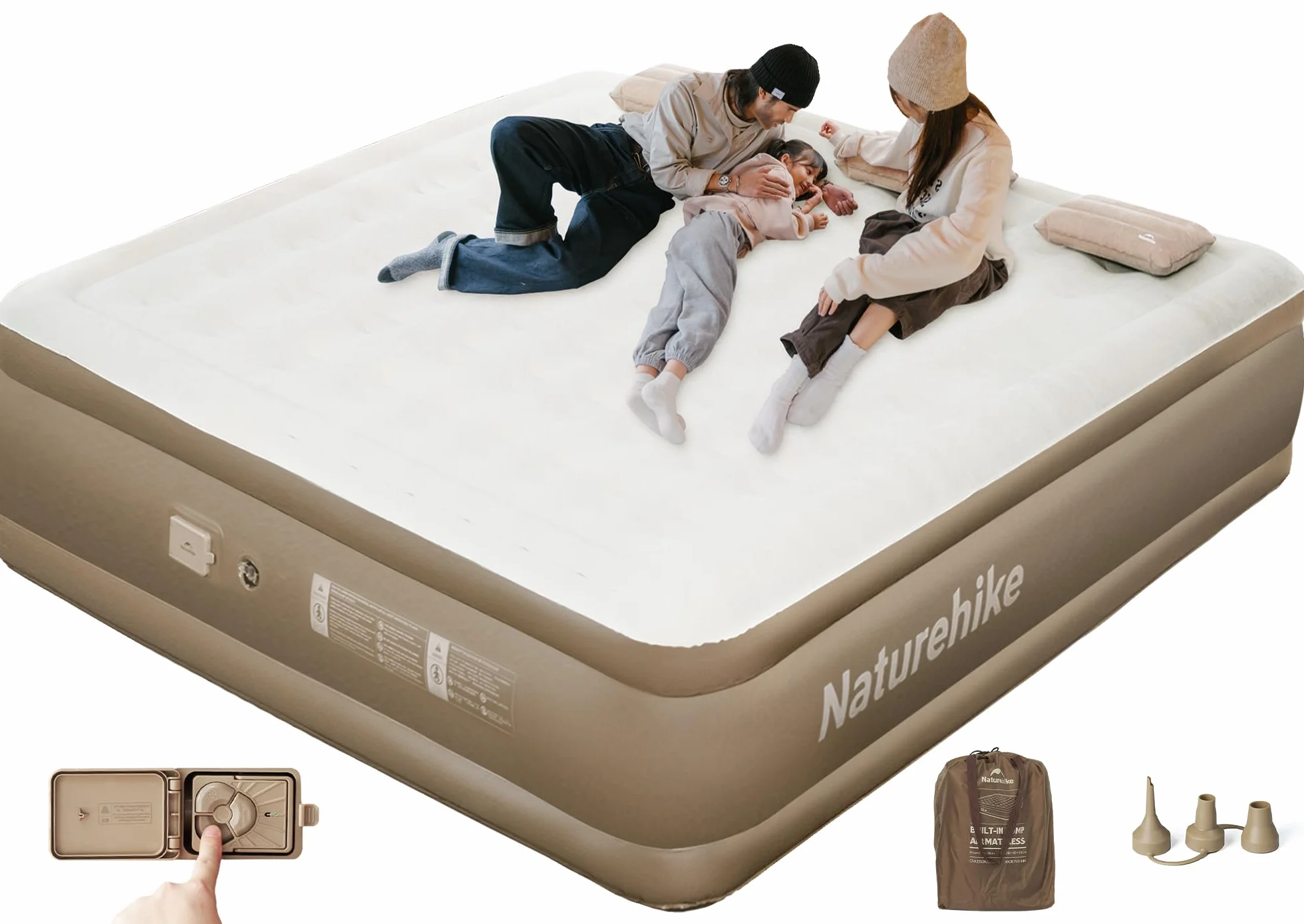 Naturehike Materasso Gonfiabile Triplo con Pompa Integrata Ricaricabile - 200x180x45cm Letto Gonfiabile Autogonfiante per Campeggio e Casa - Materassino Campeggio Portatile e Resistente