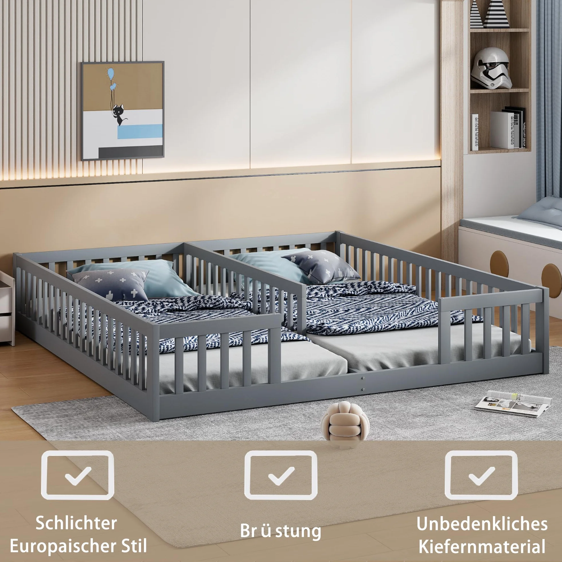 Lettino da pavimento 90 x 200 cm, con rete di sicurezza, in legno di pino, per famiglie con 2 bambini, letto gemellare con rete a doghe, grigio