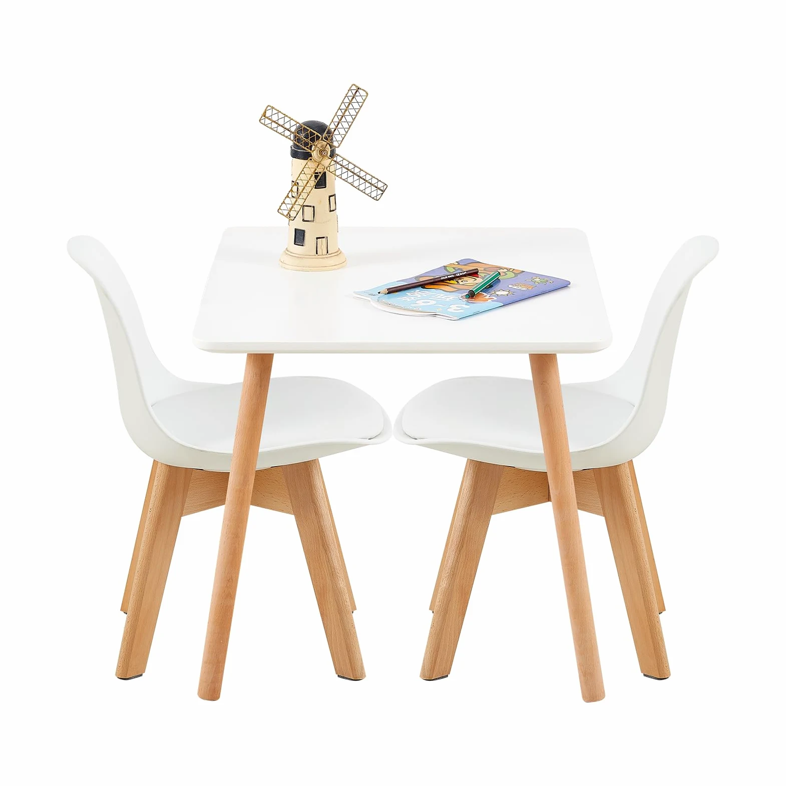 Set di 2 Sedie per Bambini con Gambe in Legno, Sedia Piccola in PP+PU con Schienale per Cameretta, Sedia da scrivania per Bambini, Bianco