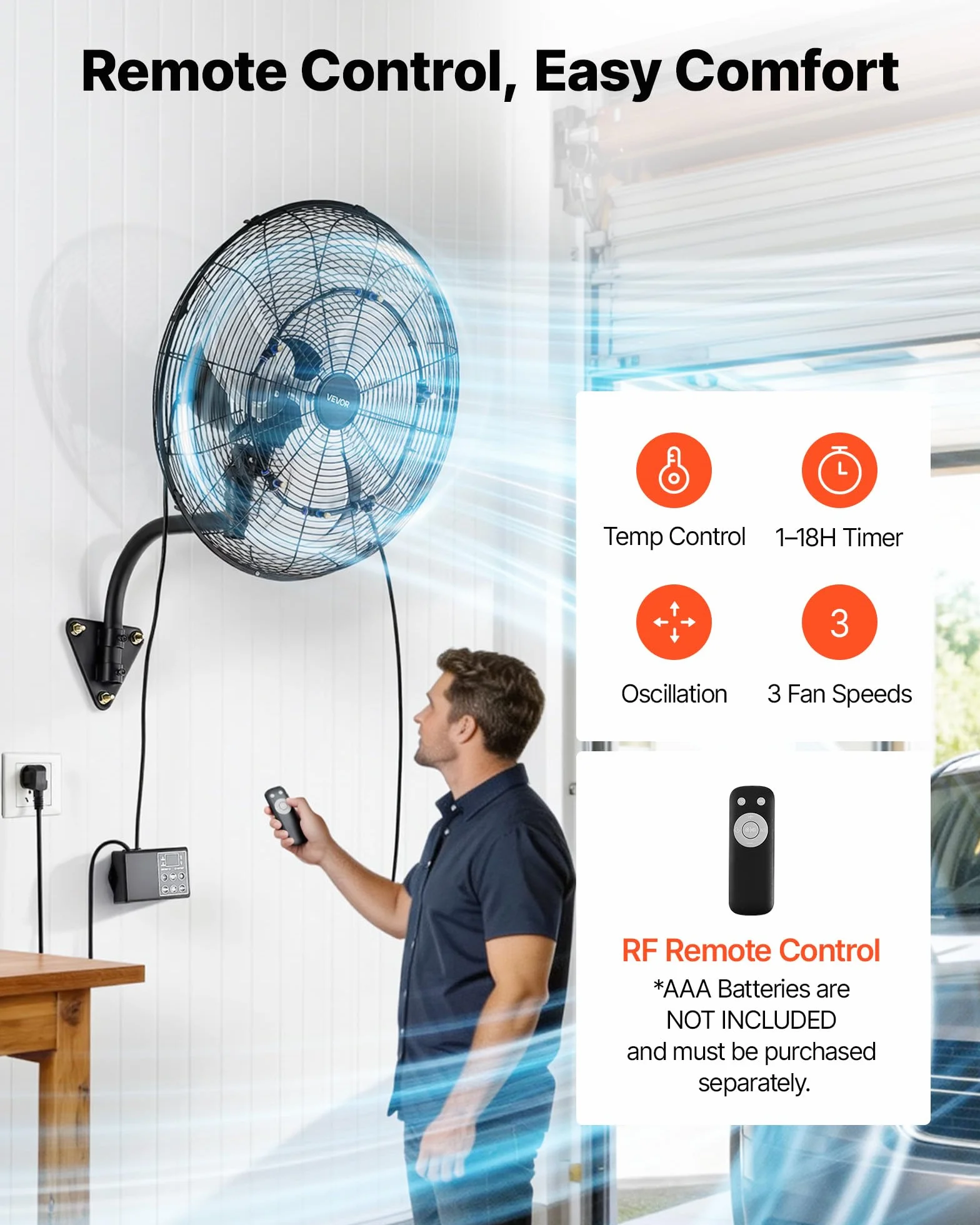 VEVOR Ventilatore da Parete Industriale, 505 mm, Ventilatore Oscillante a Muro con Nebulizzazione, IP44, 3 Velocità, Telecomando, Flusso d'Aria Potente, per Officine, Garage e Ambienti Commerciali