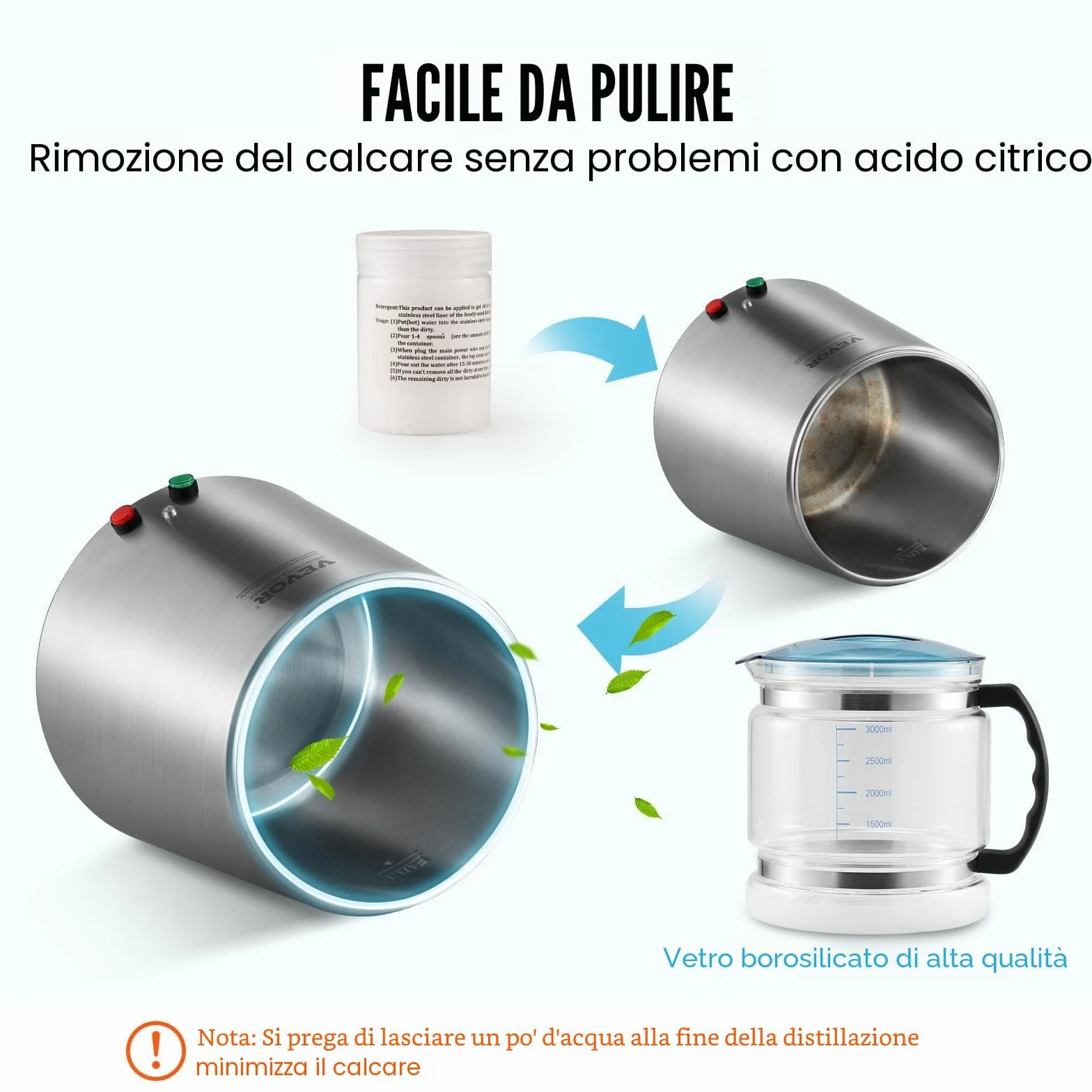 VEVOR Distillatore d'Acqua 4L Macchina per Acqua Distillata 1L/h 750W, Macchina per Distillare Acqua Uso Alimentare Contenitore Interno Vetro Acciaio Inox per Purificazione Acqua Casa Ufficio Clinica