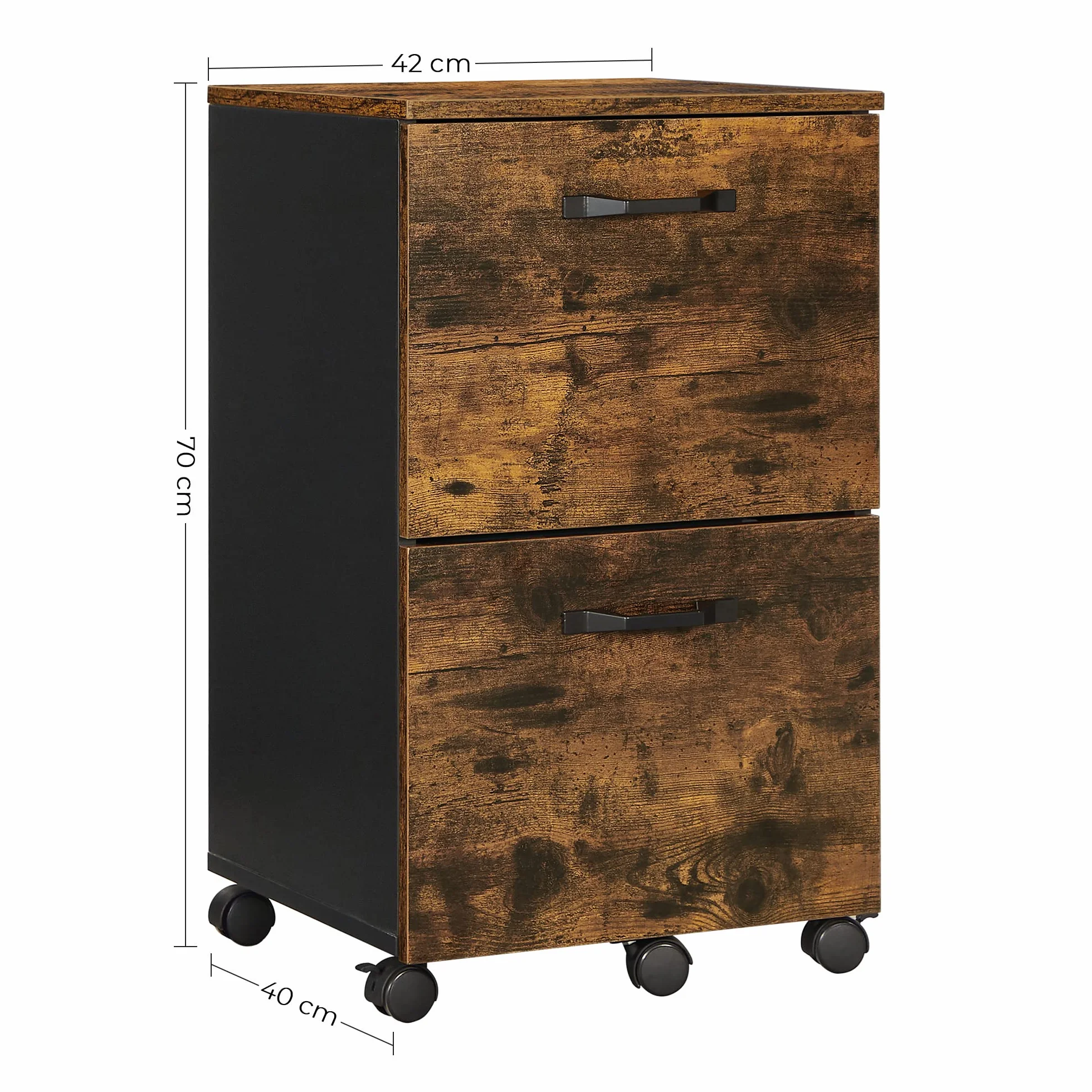 VASAGLE Cassettiera a 2 cassetti, credenza su ruote, per documenti A4, cartelle sospese, stile industriale, marrone rustico e nero OFC040B01