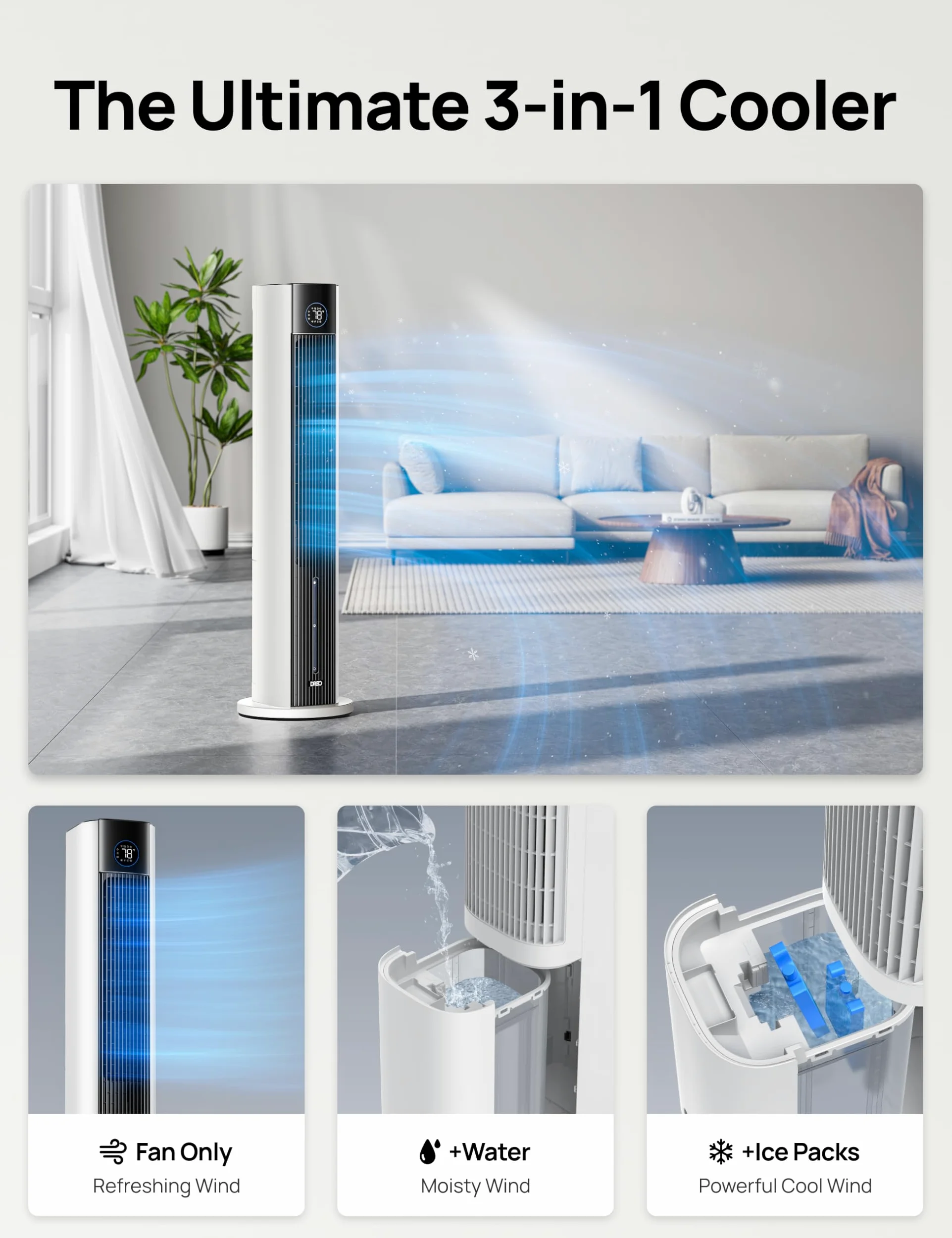 DREO Ventilatore a Torre con raffrescamento ad acqua, raffrescatore 110 cm, silenzioso, 4 velocità, 4 modalità, evaporativo, controllo app, ghiaccio incluso, oscillazione 80°, timer 12 h, bianco