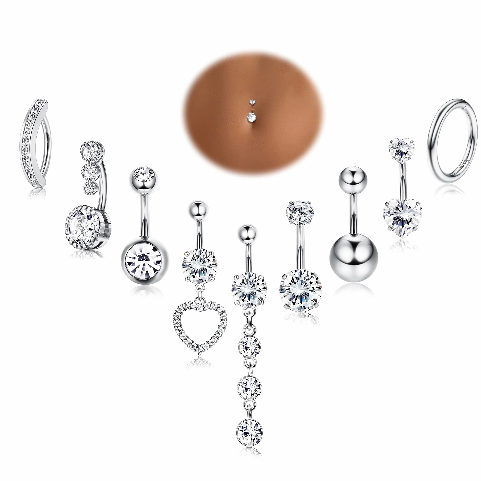 YADOCA 14G 9 Pezzi Piercing Ombelico Acciaio Chirurgico Argento Oro CZ Anello
