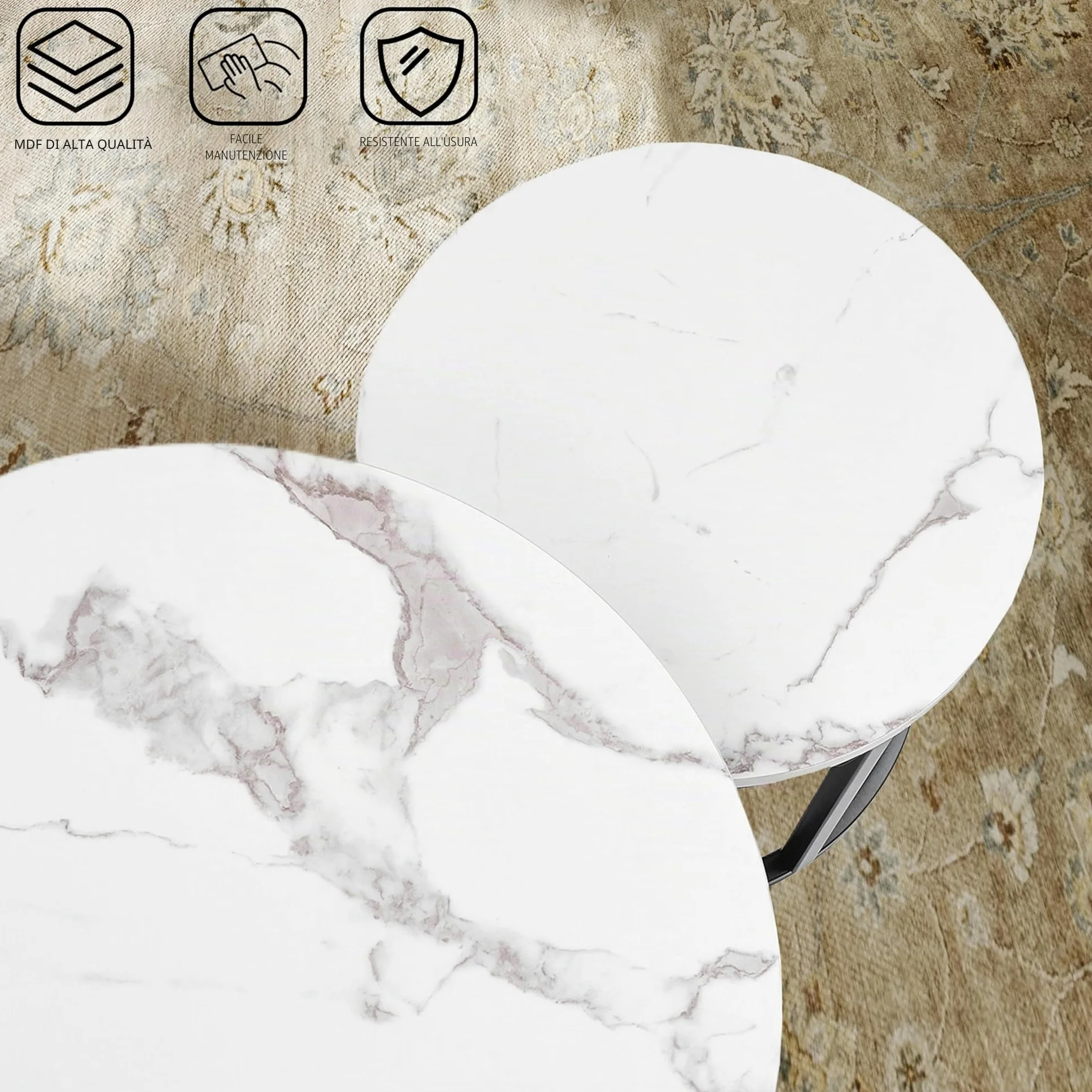 Tavolino Salotto Rotondo, Set di 2 Tavolino Soggiorno Moderno, Gamba in Metallo Nero, Adatto per Soggiorno, Caffetteria, Lounge 50x45cm +40x35cm (Bianco+Nero)