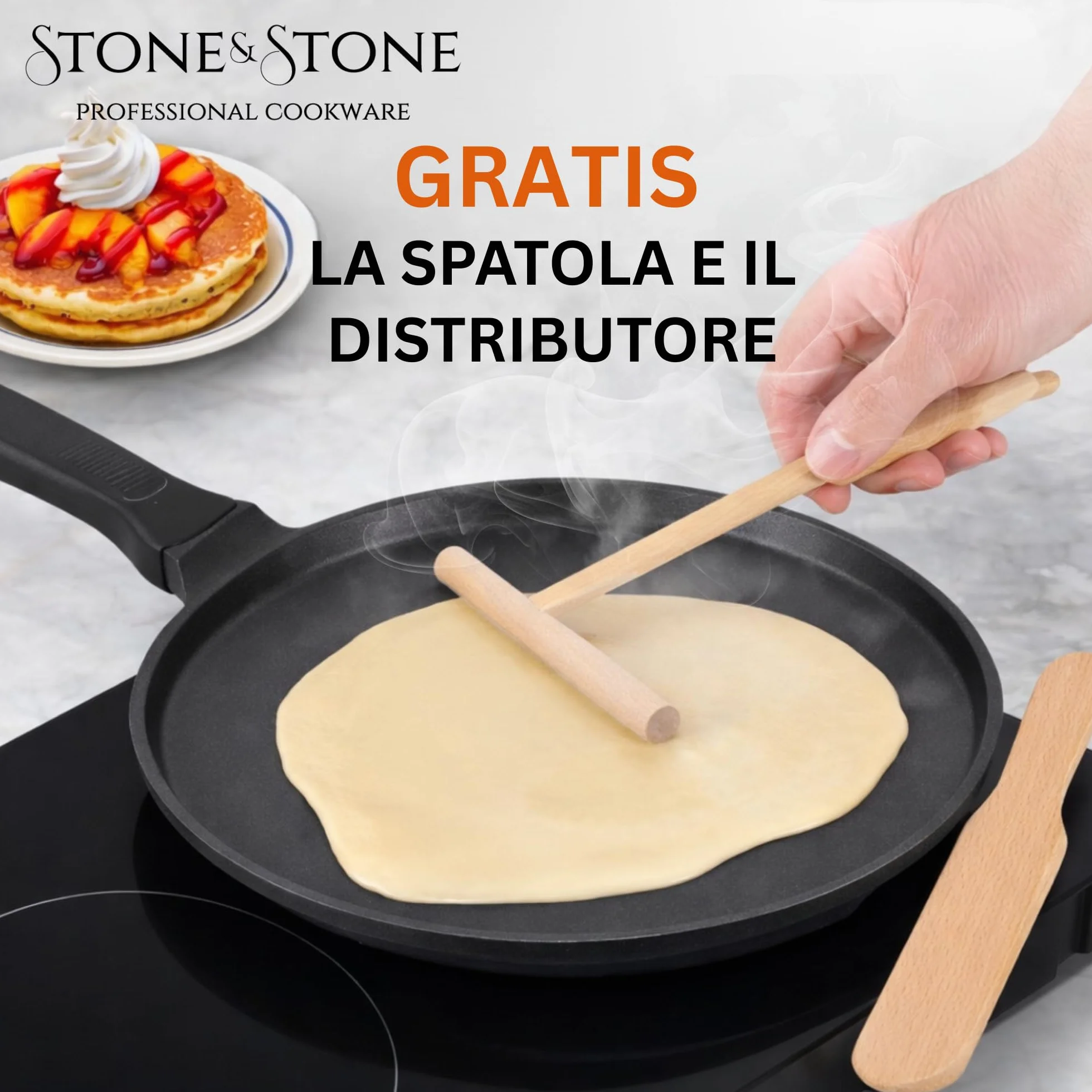 Stone&Stone Padella per Crepes e Pancake 26cm Antiaderente per Induzione e Gas | Crepiera con Rivestimento Ceramico Tedesco | Senza PFOA PFAS PTFE | Spatola e Stendi Pastella Inclusi