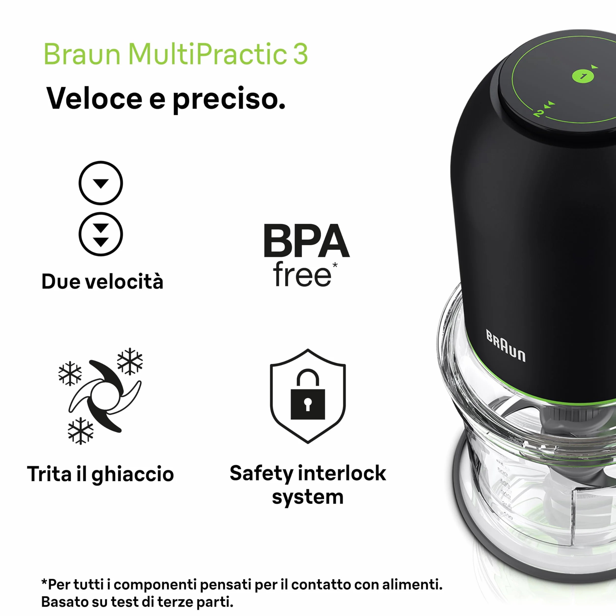 Braun MultiPractic 3 CH3011BK, Tritatutto a Quattro Lame in Acciaio Inox, Due Velocità, Funzione One Push, Tritaghiaccio, Capacità 500ml, Lavabile in Lavastoviglie, 500W, Nero