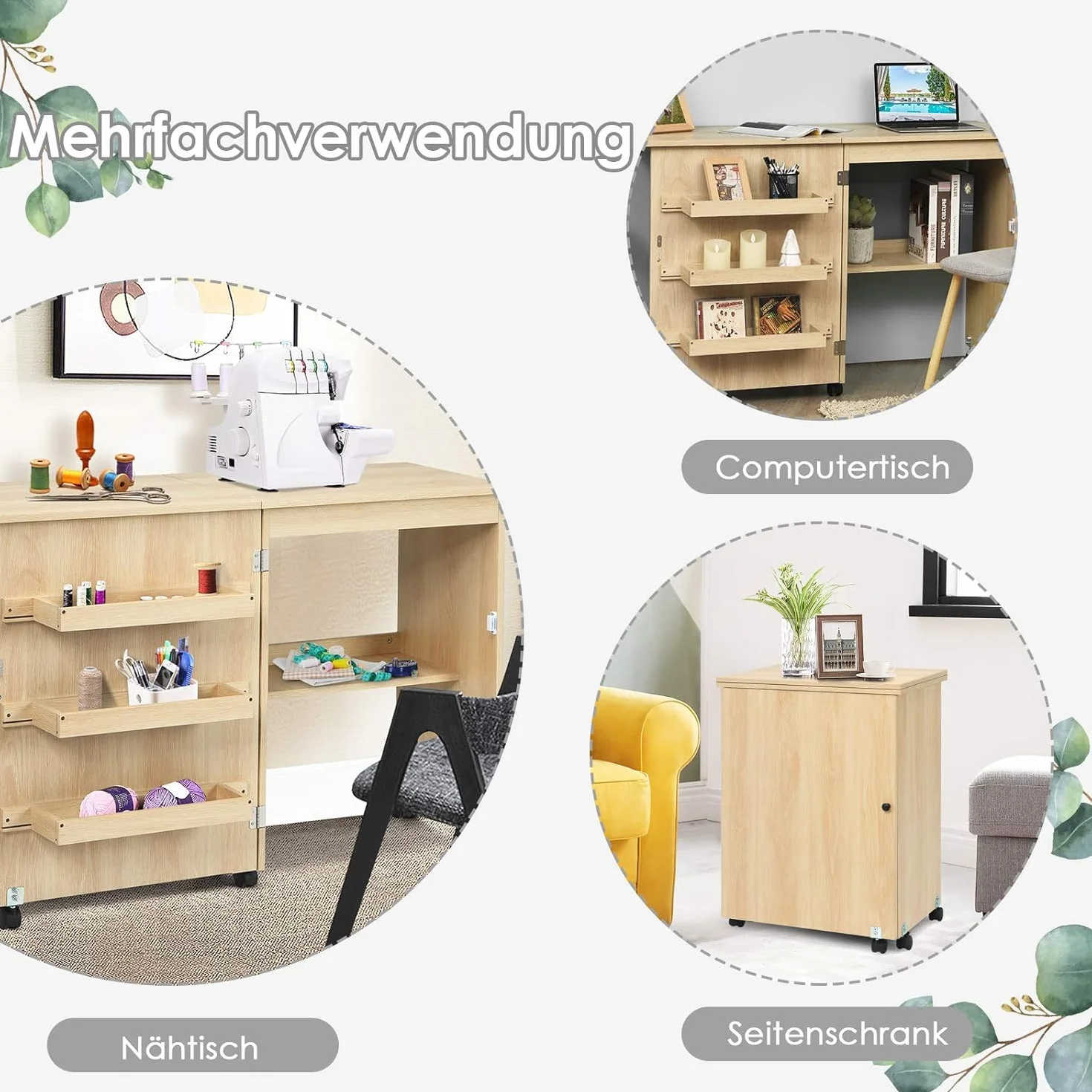 FANTASK Armadio da cucito pieghevole 2 in 1, tavolo da cucito in legno con 3 ripiani per bobine, armadietto per macchina da cucire per soggiorno, camera da letto e ufficio, beige