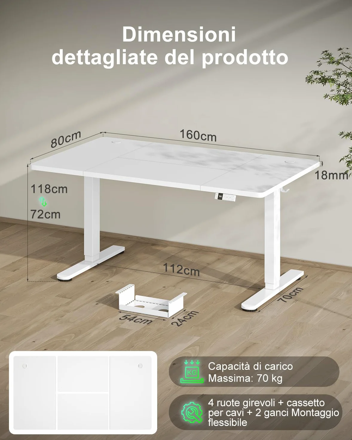 Devoko 160 x 80 cm scrivania regolabile in altezza, Ufficio con quattro sezioni, scrivania per computer con funzione di memoria, Bianco