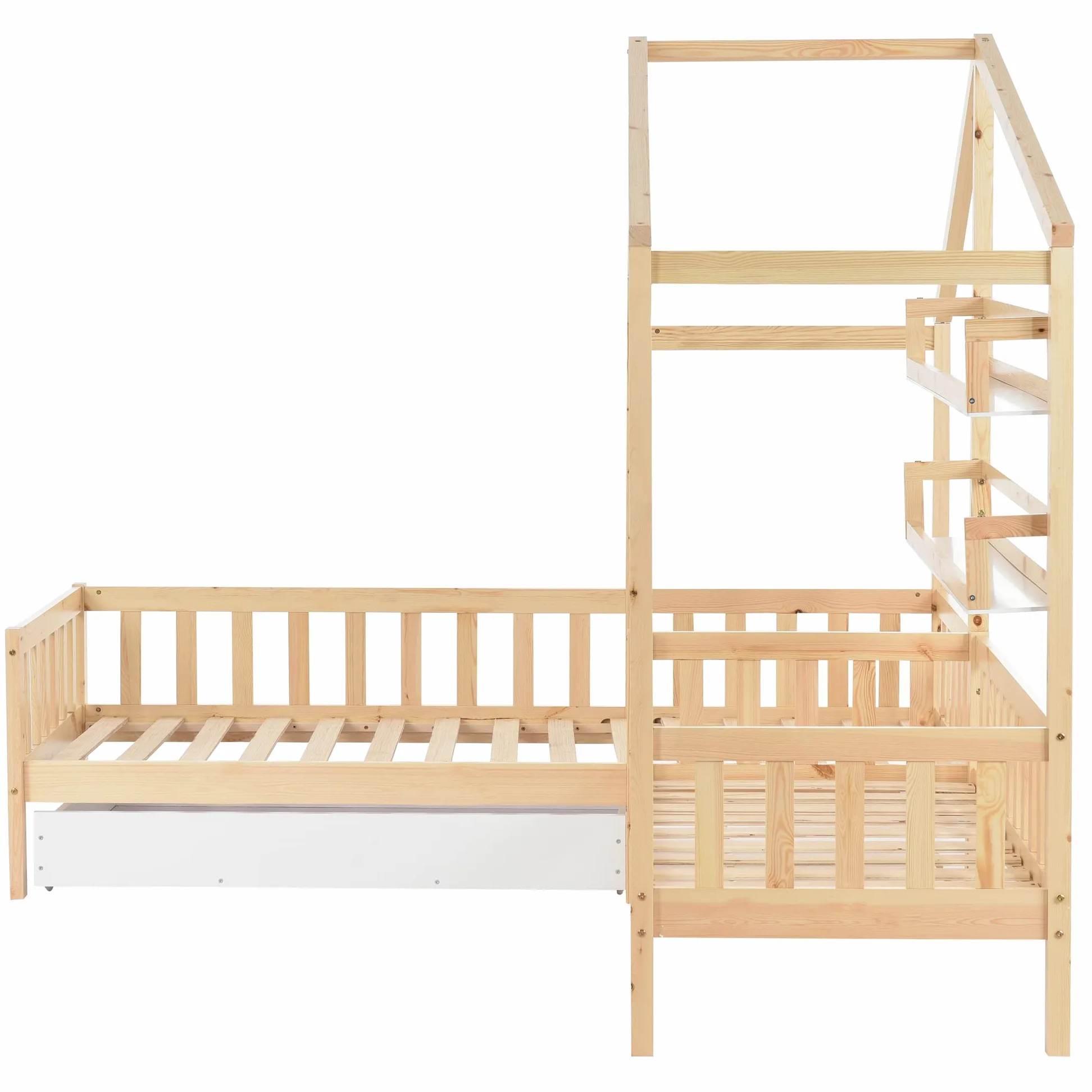 Letto a Forma di Casa per 2 Bambini 90x200 cm E 140x70 cm, Letto Matrimoniale con Cassetti e Ripiani, Legno Massello con Rete e doghe, Struttura a L, per Ragazzi e Ragazze, Naturale