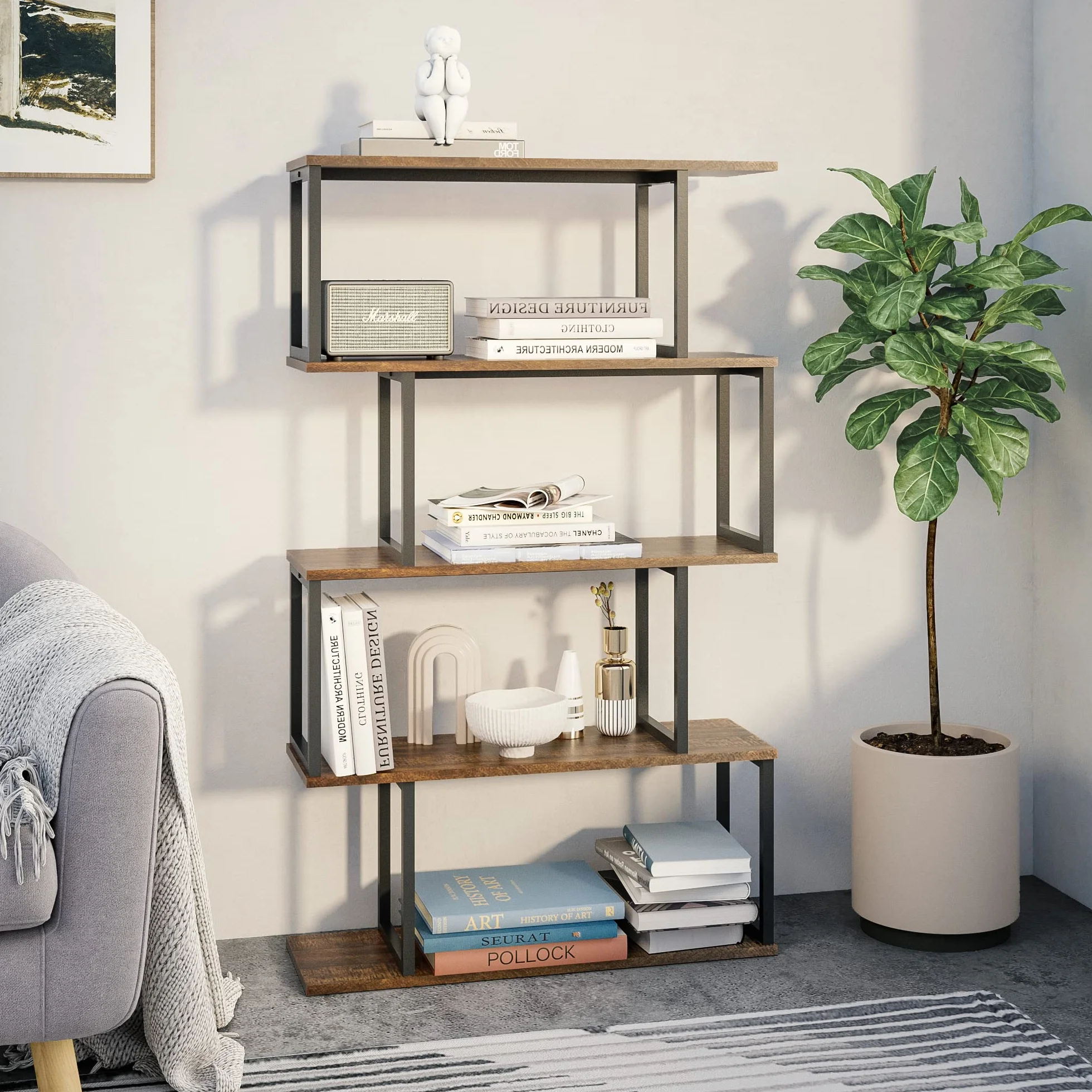 Mondeer Libreria a forma di S, Scaffale Portaoggetti, Libreria a 4 Ripiani, Libreria in Stile Industriale, con Struttura in Metallo, 76 x 24 x127.5cm, per Soggiorno e Ufficio, Marrone