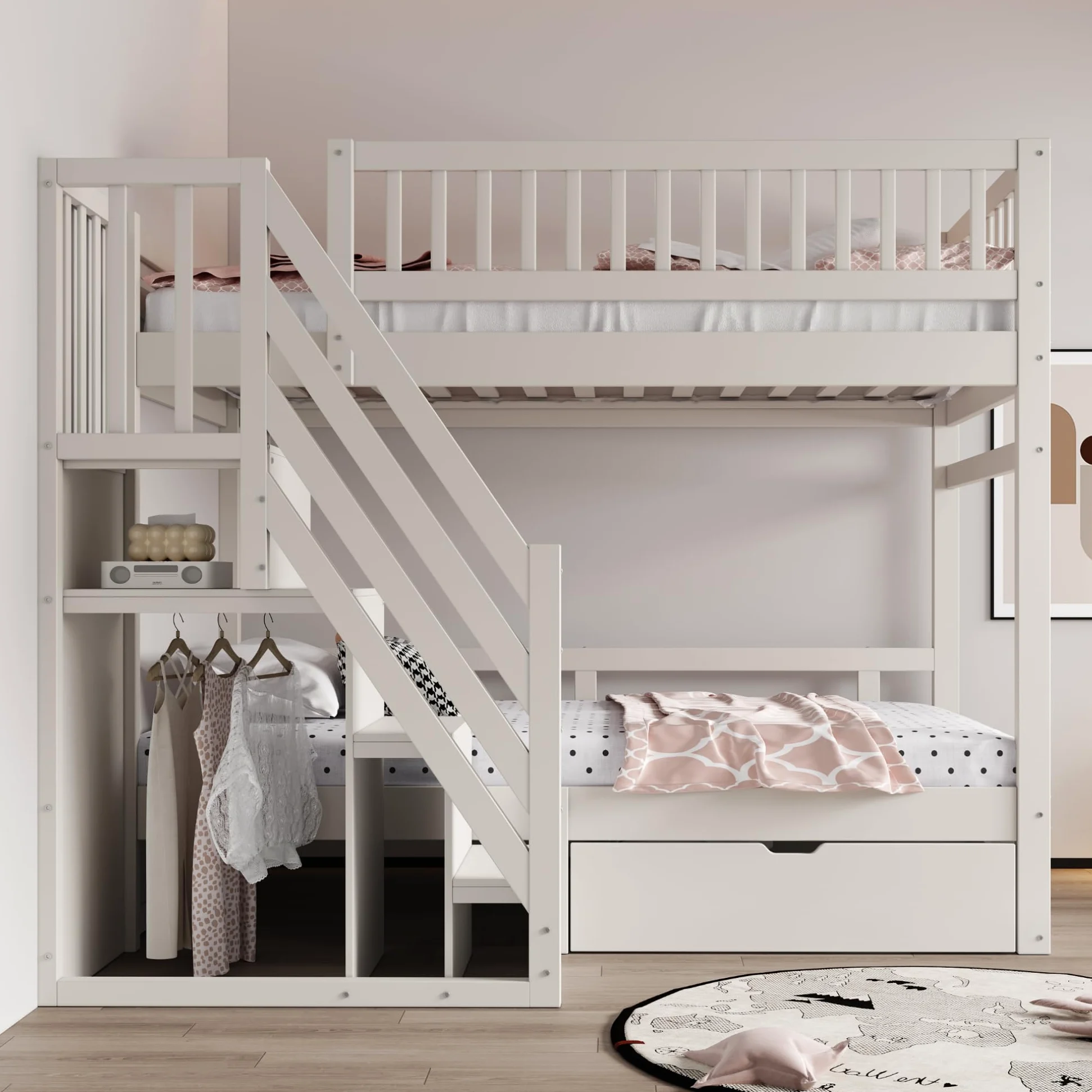 Soweiz Lettino per bambini 90 x 200 cm, in legno massello con rete di sicurezza elevata, con rete a doghe, scala di sicurezza con vano portaoggetti, letto per ragazzi (bianco)