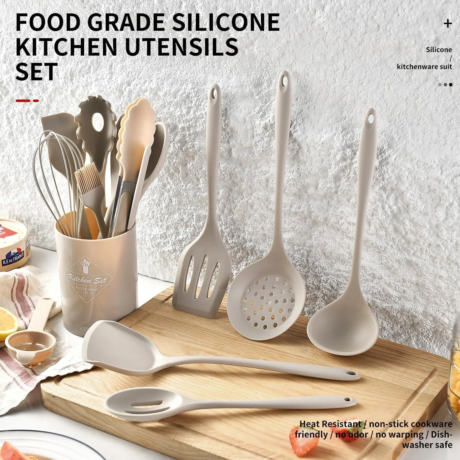 Set di 15 utensili da cucina in silicone con manici in acciaio inossidabile, resistenti al calore e antiaderenti, con portautensili, lavabili in lavastoviglie, Cachi(senza BPA)