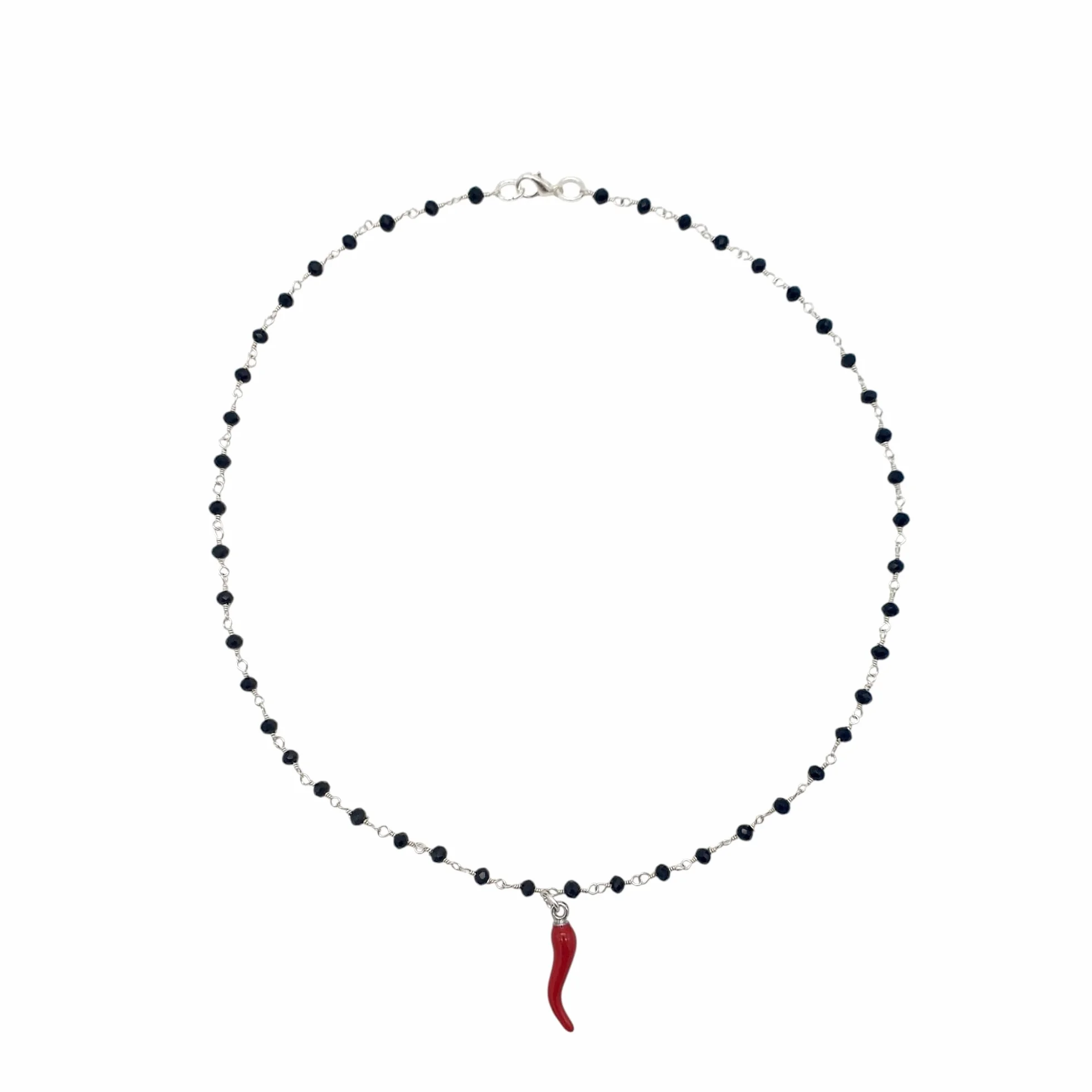 Collana Donna Corno Rosso Portafortuna Cristalli Neri Girocollo Stile Rosario Napoletano Ciondolo Cornetto Smaltato Rosso