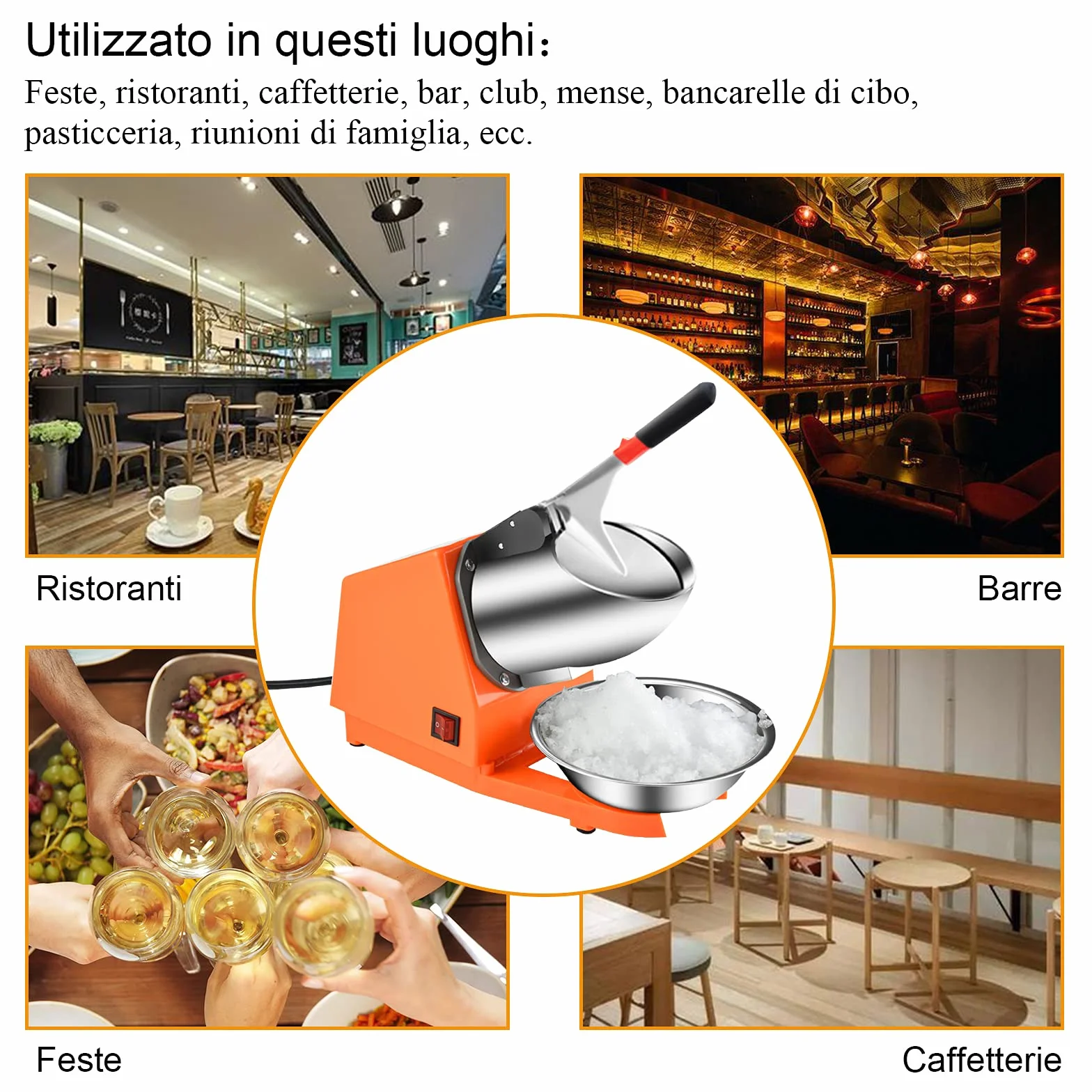 Tritaghiaccio Elettrico 300W,Tritaghiaccio a Doppia Lama,Tritaghiaccio Elettrico Professionale con Ciotola in Acciaio Inossidabile,Acciaio Inossidabile,per Bar e Ristoranti(Arancia)