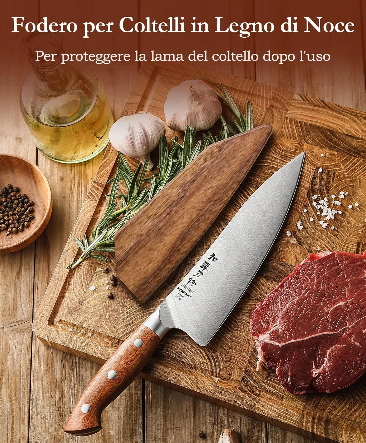 Coltelli da Chef HEZHEN 21cm Acciaio German DIN1.4116 Full Tang Manico Redwood
