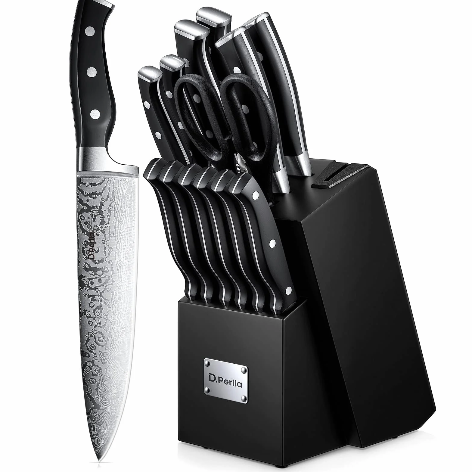 D.Perlla Set Coltelli da Cucina Professionale, Ceppo Coltelli in Acciaio 14 Pezzi, Ceppo Autoaffilante, Blocco Coltello in Legno, Nero