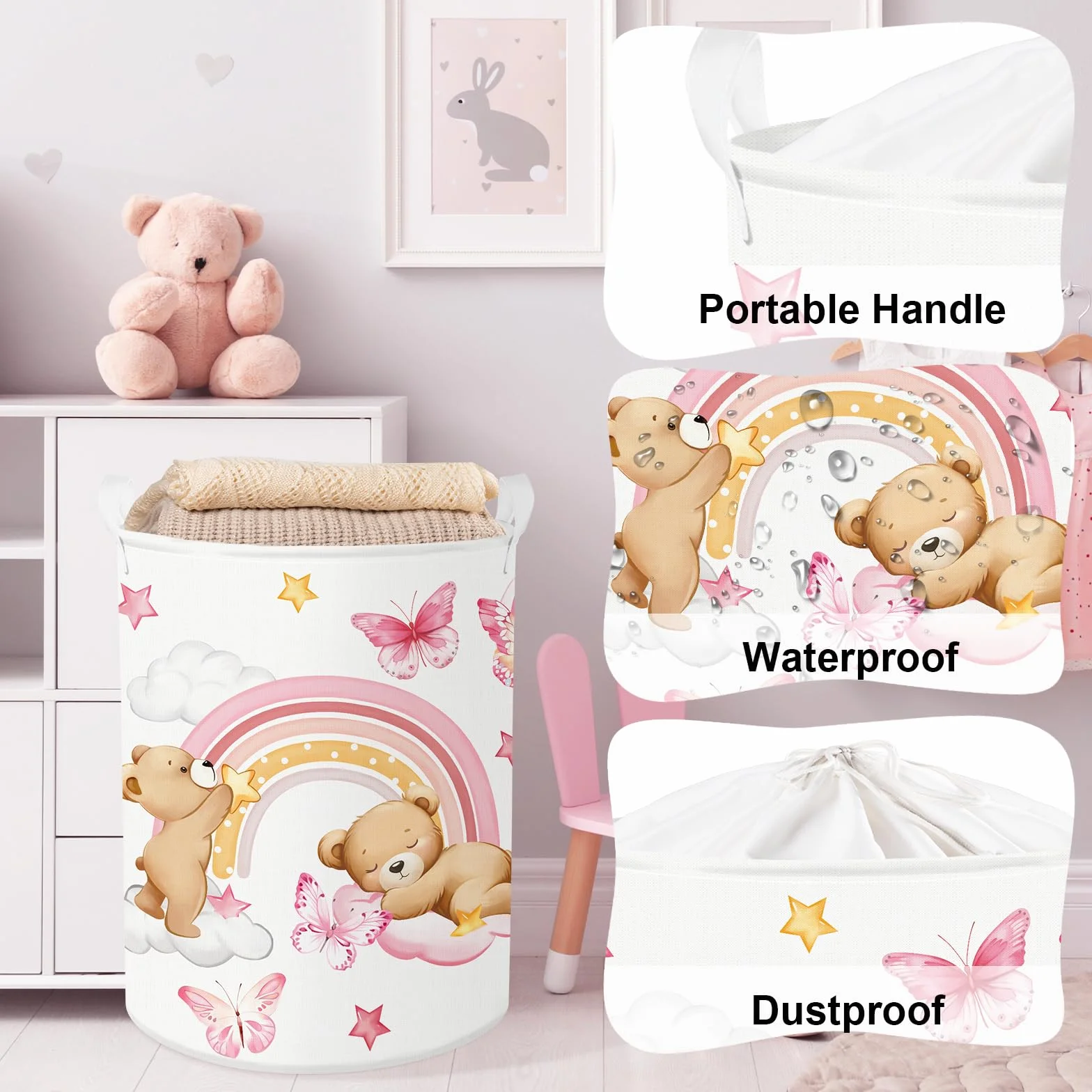 Clastyle Ceste Biancheria Bambini Arcobaleno Cestino Giocattoli Vestiti Impermeabile per Ragazza Cestino Portaoggetti per Bagno Cameretta Bucato, Orso, 36x45 cm
