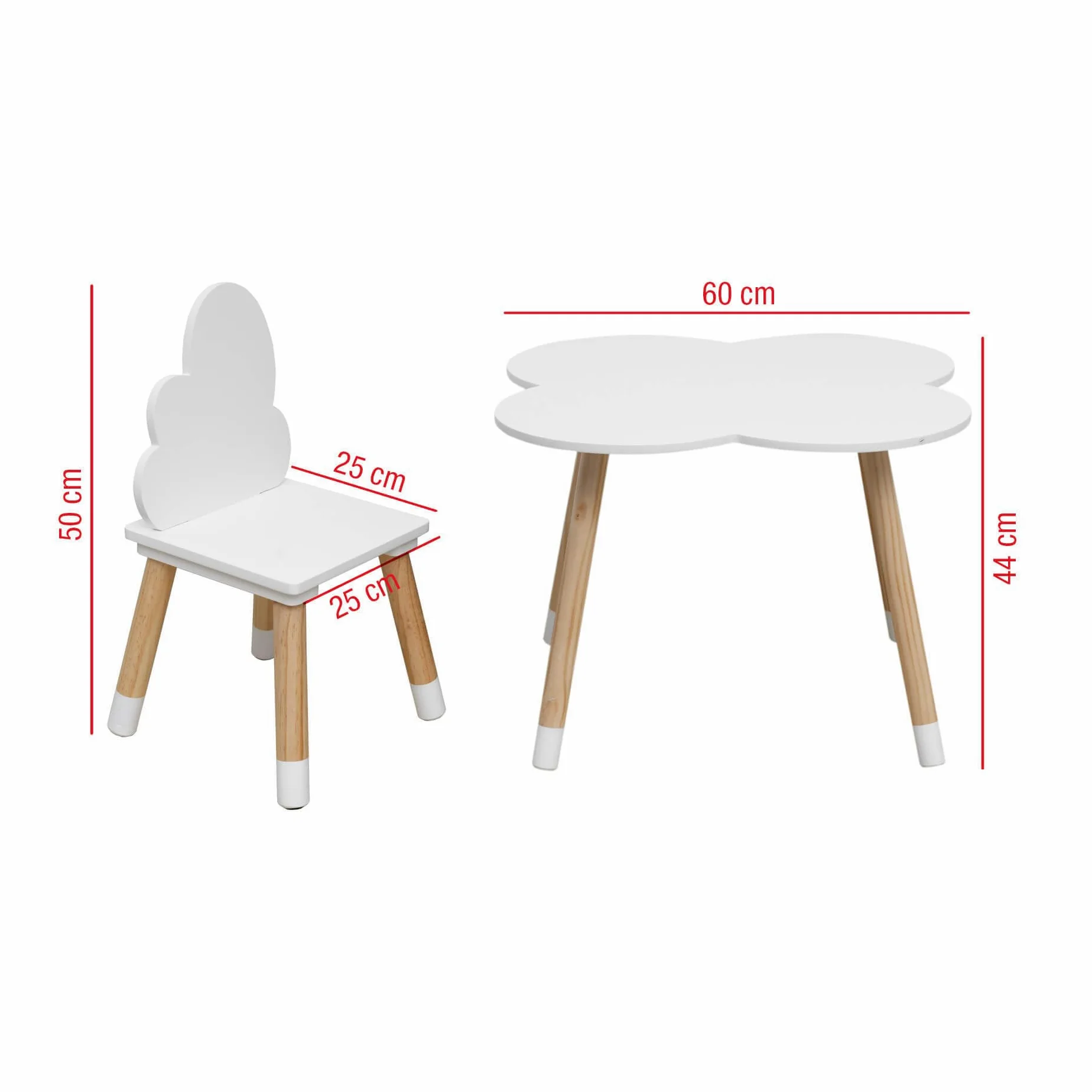 Rebecca Mobili Set Tavolino E Sedie Per Bambini, Sedie e Tavolo Arredo Cameretta Stanza Dei Giochi Bianco Marrone Chiaro, Mdf, Stile Nordico - Misure: 44 x 60 x 60 cm / 50 x 25 x 25 cm - Art. RE6733