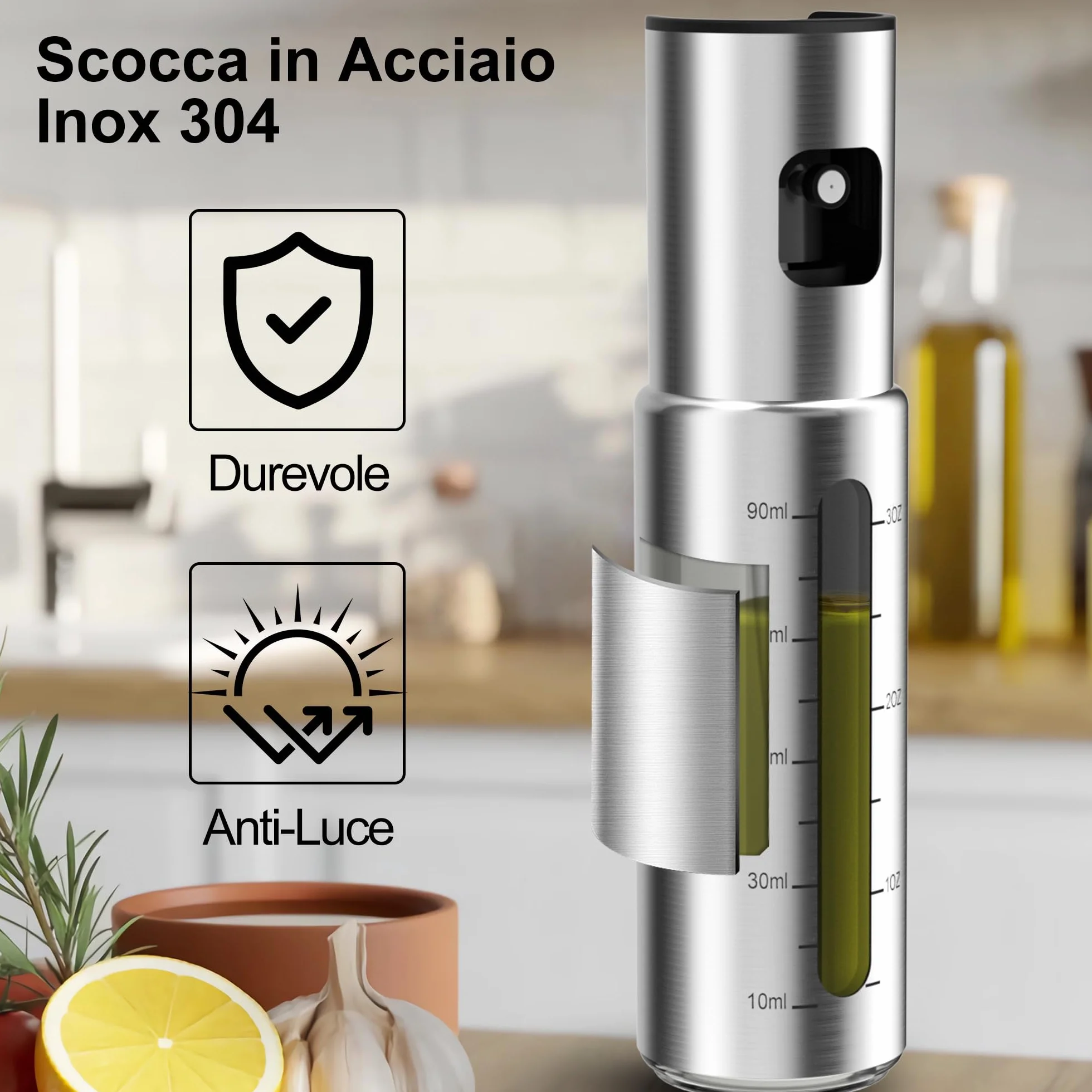 KitchenBoss Spruzzino Olio in Acciaio Inox 100ml per Friggitrice Aria, Spruzzi per Insalate, Grigliate e Fritture