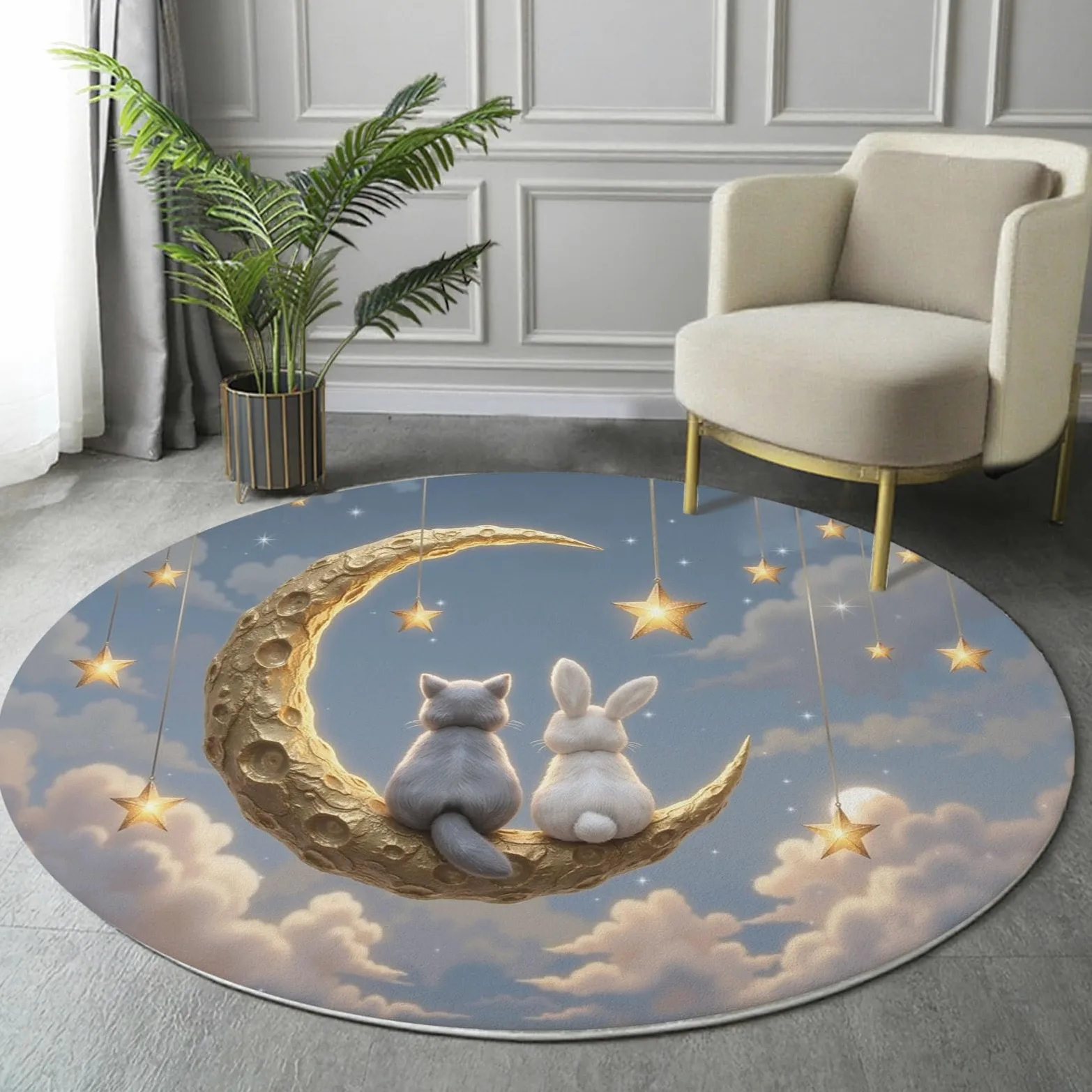 Tappeto Fiabe curative Tappeto Rotondo Antiscivolo | Tappeti Gatto Coniglio Luna 0 in Lana Sintetica Tappeti Morbido e Accogliente per Soggiorno,Cameretta e Studio 160cm