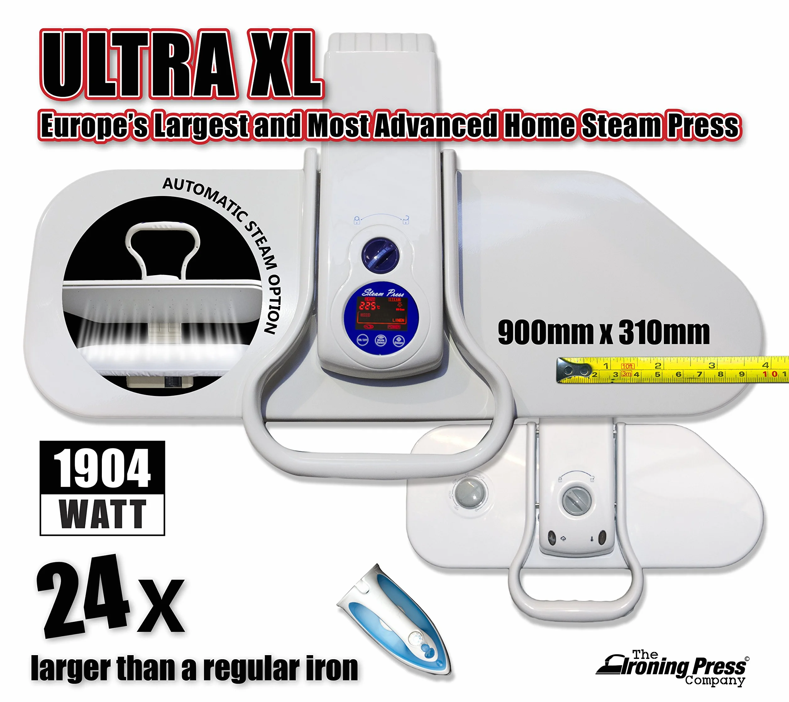 Pressa da Stiro a Vapore (Ferro) Ultra XL di Speedypress - La Pressa a Vapore Più Grande e Avanzata d'Europa (90cm x 31cm; 2.200watt) per Uno Stiraggio Velocissimo (+ GRATIS Copriasse Extra e Fondo in Schiuma RRP 45,00 € + Altri Accessori)