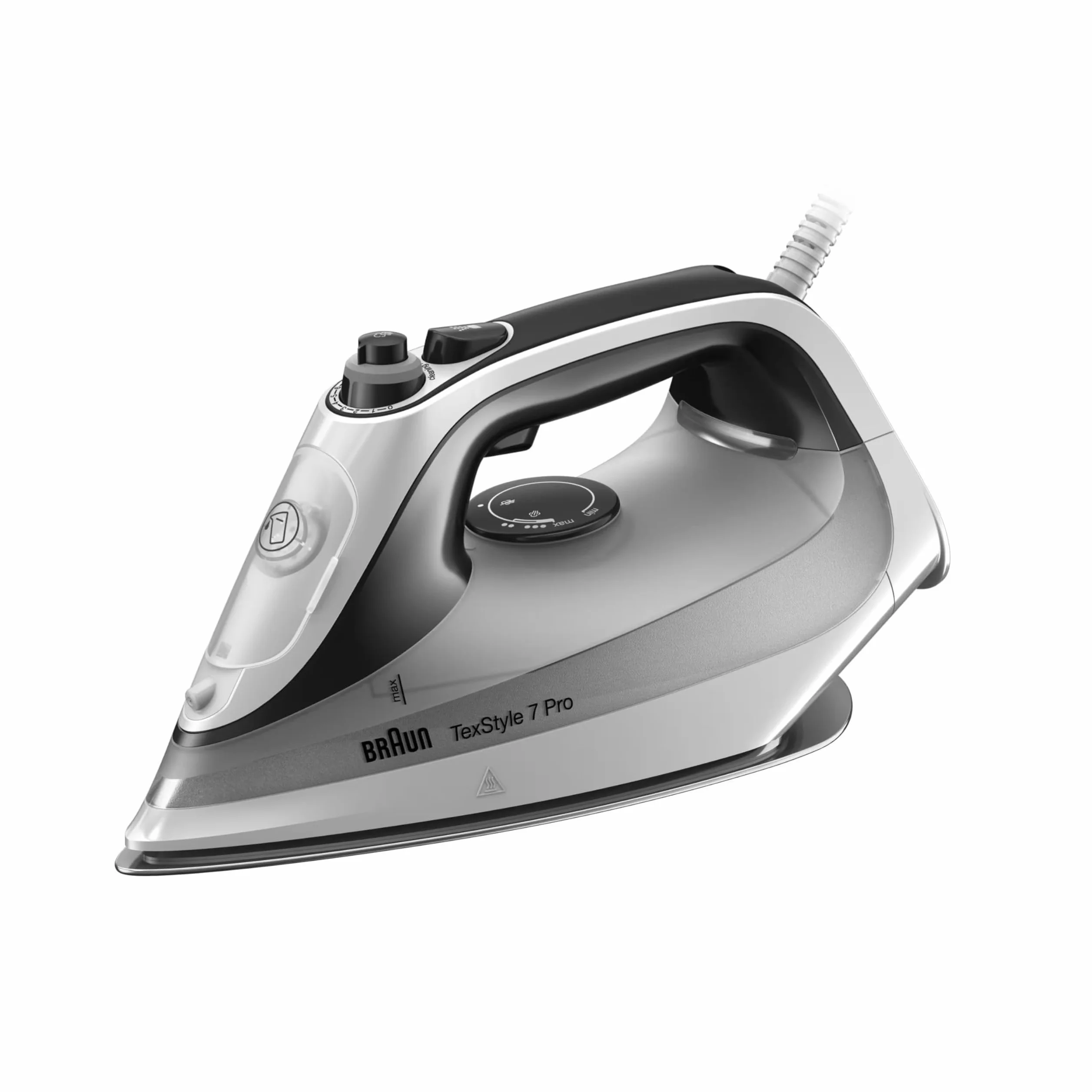 Braun TexStyle 7 Pro SI7149WB, Ferro da Stiro con Piastra FreeGlide 3D EloxalPlus, 220 g/min, Punta di Precisione, Manico Ergonomico, Ricarica da 300ml, Sistema Antigoccia, 2900W, Bianco/Grigio
