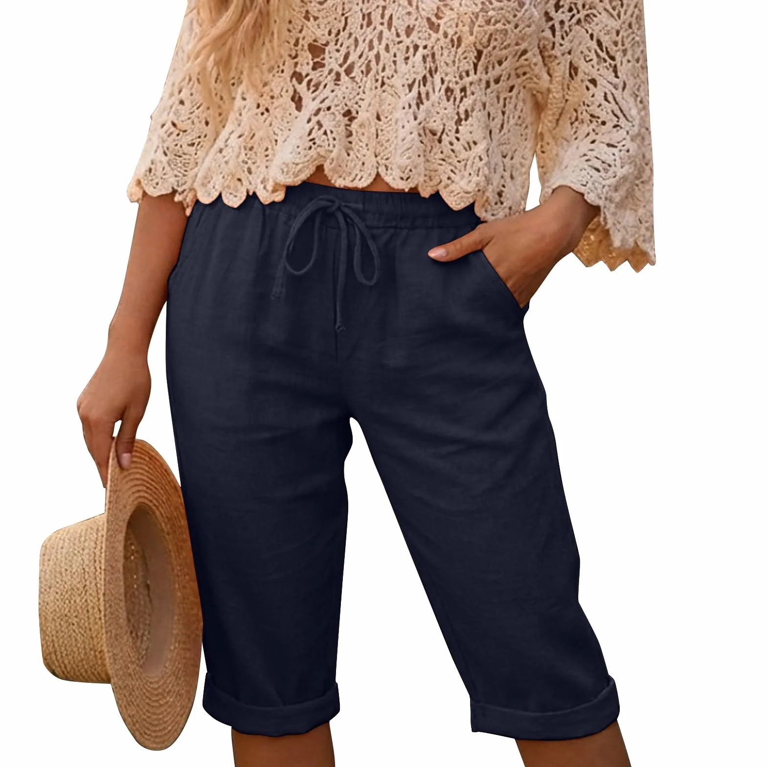 Pantaloni Lino Donna 3/4 Curvy Pantaloncini Donna Estivi In Cotone E Lino Leggeri Vita Alta Con Coulisse Ed Elastico Shorts Bermuda Larghi Eleganti Con Tasche Casual Per Spiaggia Sport E Tempo Libero
