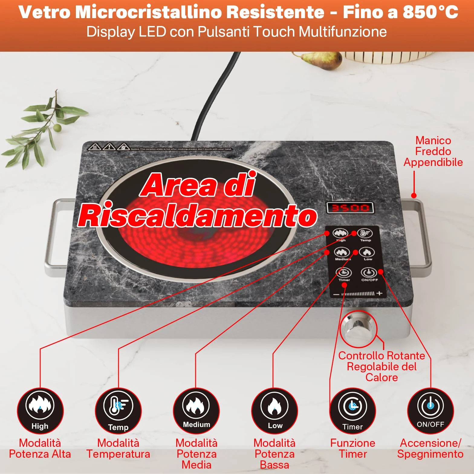 Piastra Ceramica a Infrarossi 3500W – Cottura Veloce e Sicura, Compatibile con Tutte le Pentole, Superficie in Vetro Microcristallino, Controllo Touch e Funzioni di Sicurezza