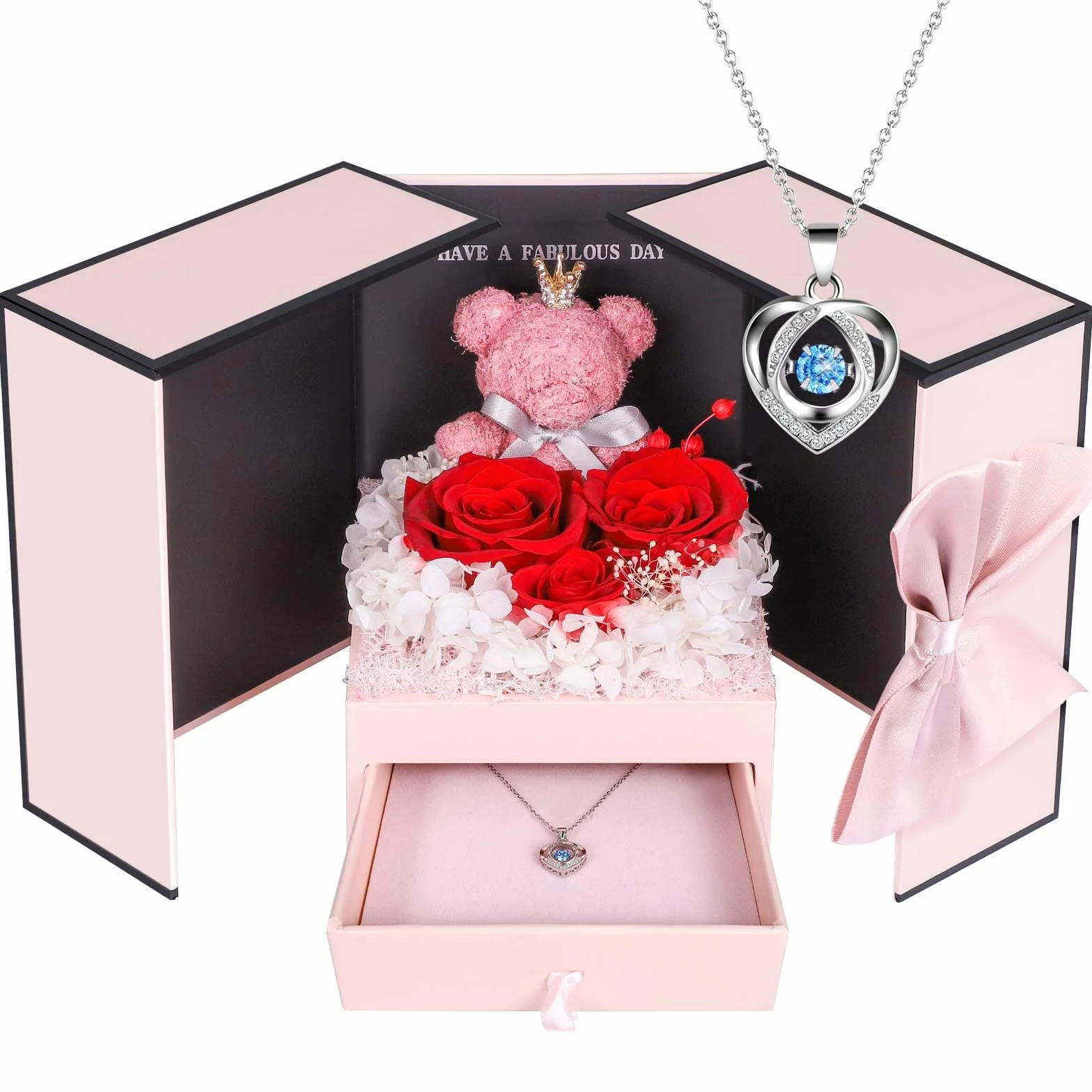 ADDWel Rosa Stabilizzata Eterna con Collana e Orsetto di Rose, Idee Regalo Compleanno per Donna Mamma Fidanzata Moglie