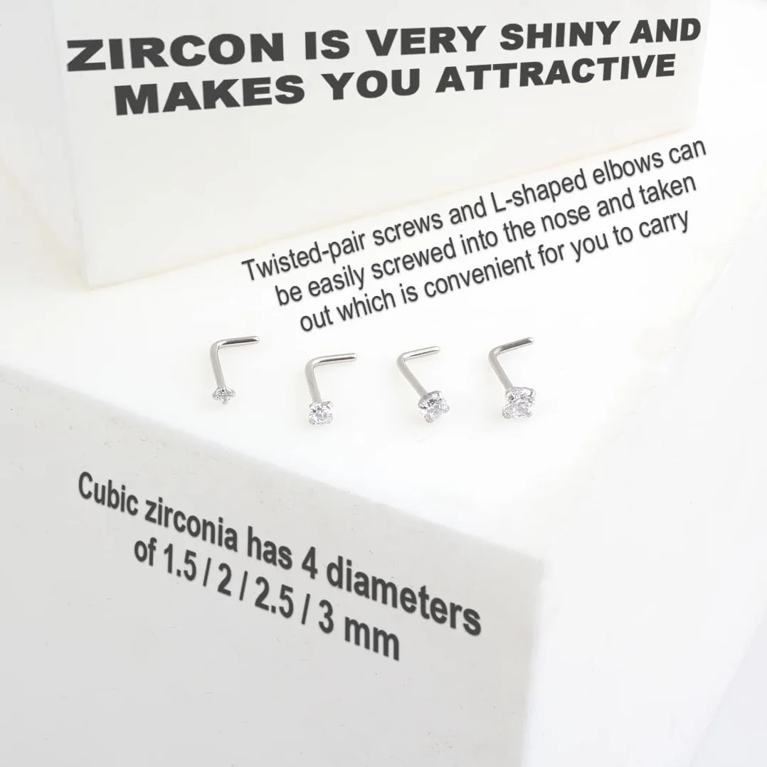 Liuxn 20 Gauge Curvo Naso a Bottone in Acciaio Inox Naso Anelli Zirconia Cubico Piercing Gioielli per Corpo, 8 Pezzi