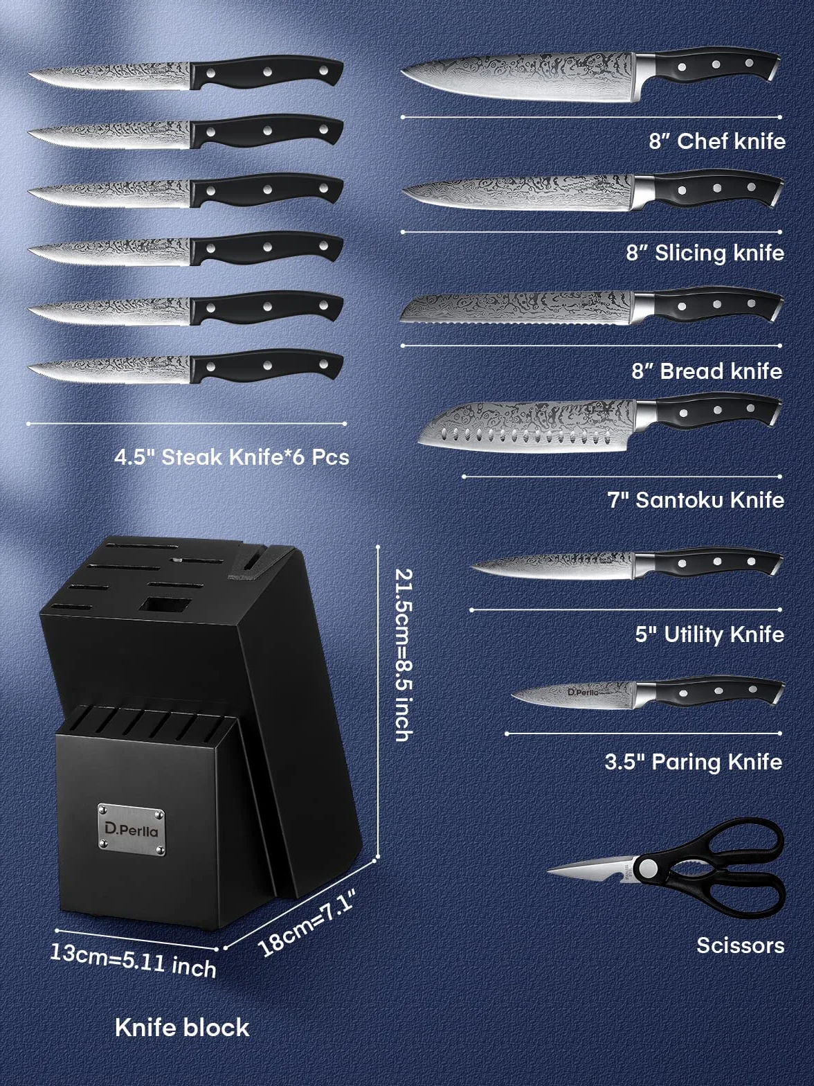 D.Perlla Set Coltelli da Cucina Professionale, Ceppo Coltelli in Acciaio 14 Pezzi, Ceppo Autoaffilante, Blocco Coltello in Legno, Nero