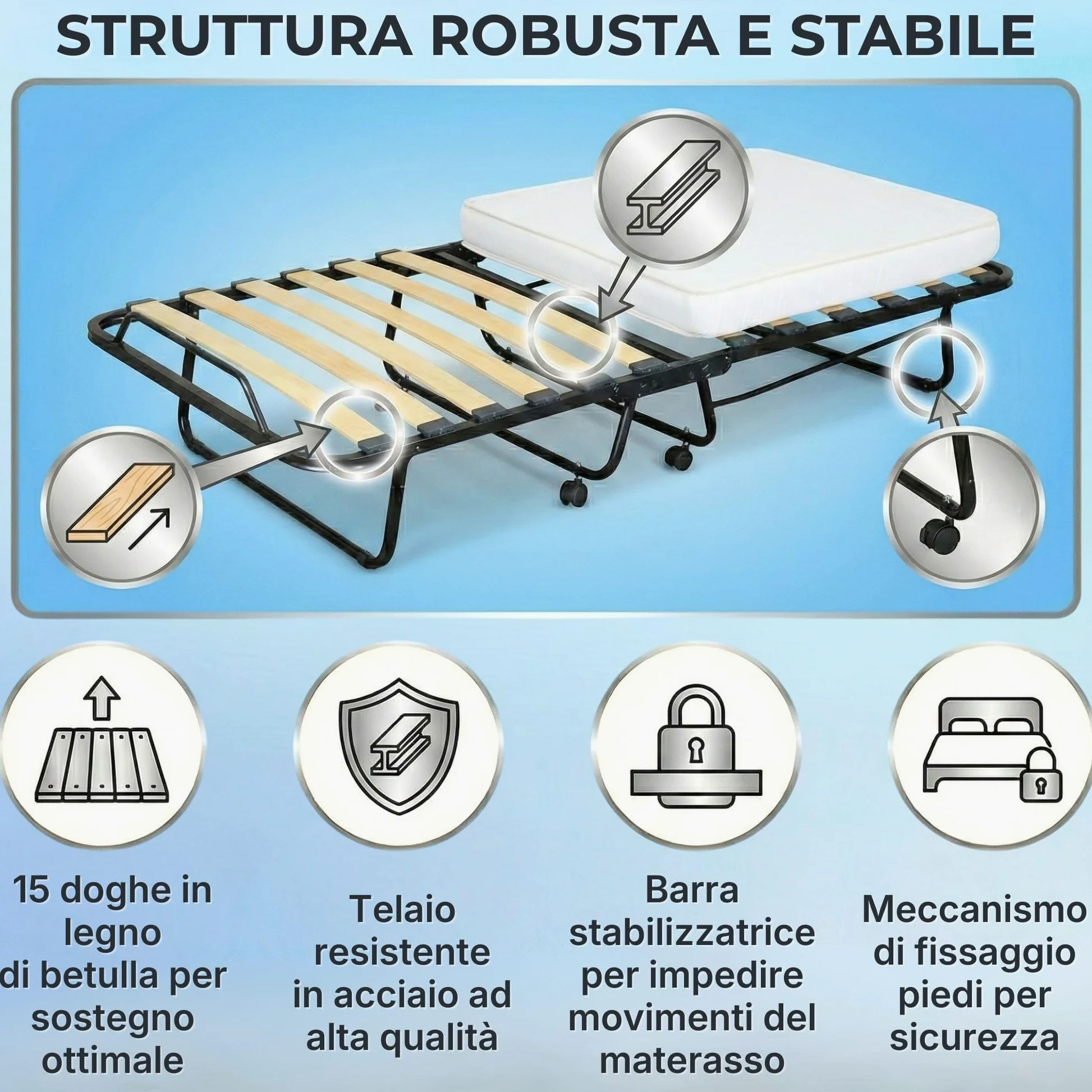 SEDIAOFFICE - Brandina Pieghevole con Materasso e Apertura Automatica Made in Italy, Letto Singolo a Scomparsa (80x200) Letto Pieghevole Singolo con Materasso Alto 10cm (Bianca, 15 Doghe)