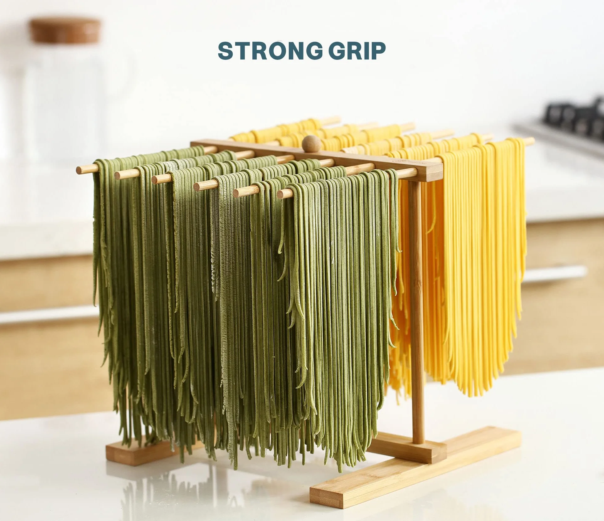 Scolapasta in bambù con bacchetta di trasferimento e 12 barre, facile da trasferire per asciugare la pasta e cucinare, design speciale a sospensione per riporre grandi quantità