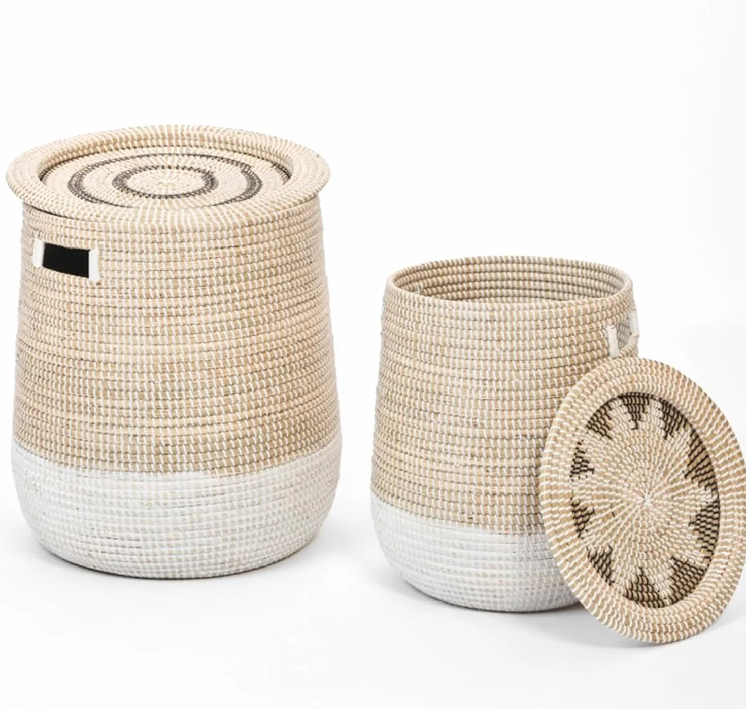 Cesto Portabiancheria Grande con Coperchio, Cesto Intrecciato in Alghe Marine, Adatto per Riporre Vestiti, Giocattoli e Cuscini, Bianco e Marrone, 45,14 L/86,38 L