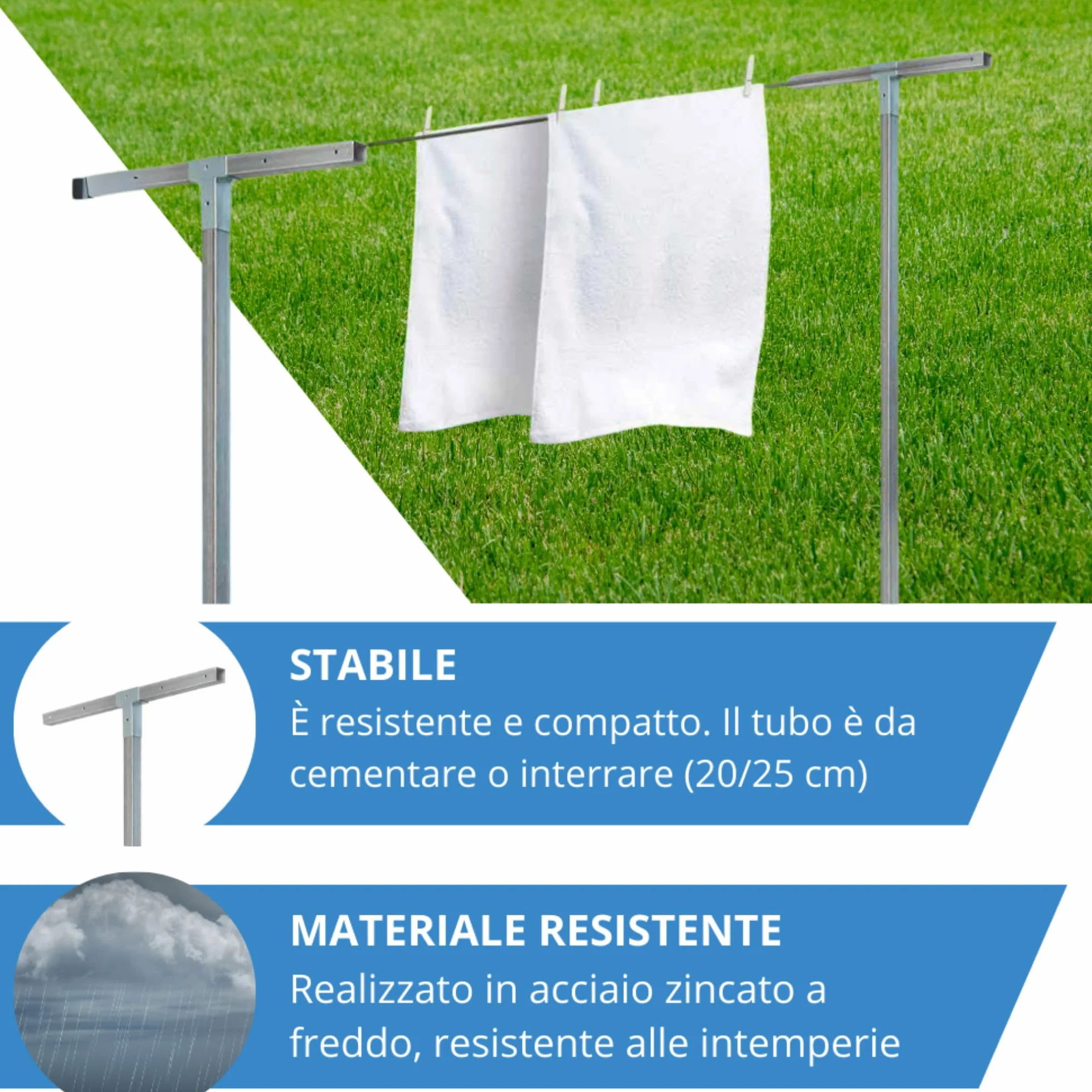 Andrys Stendi Biancheria Esterno Smontabile - Staffe per Stendere i Panni Esterno con Pali Quadri da Cementare - Acciaio Zincato a Freddo - Altezza 220cm - Fili NON Inclusi