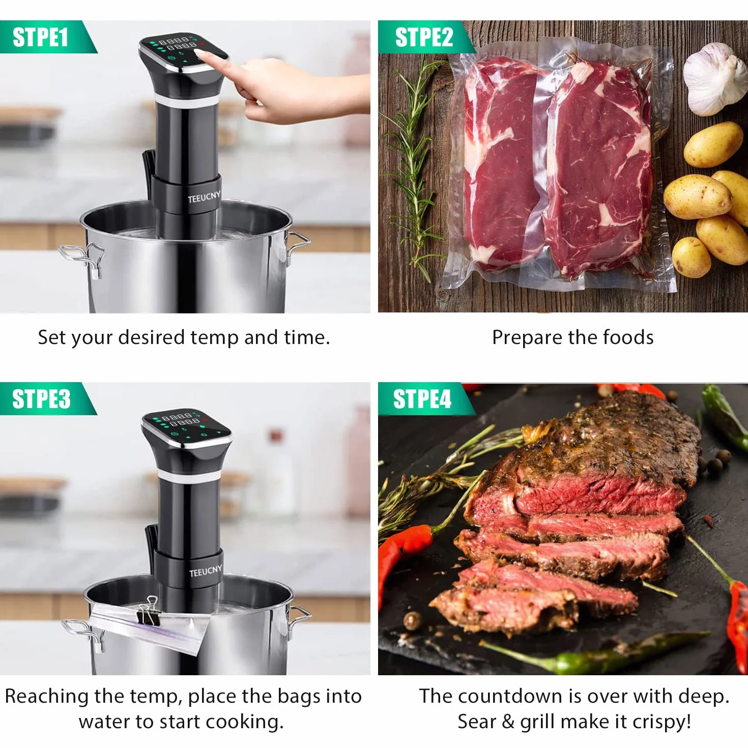 TEEUCNY Sous Vide 1100W Macchina per Cottura a Bassa Temperatura Bagnomaria Sottovuoto LCD Touch