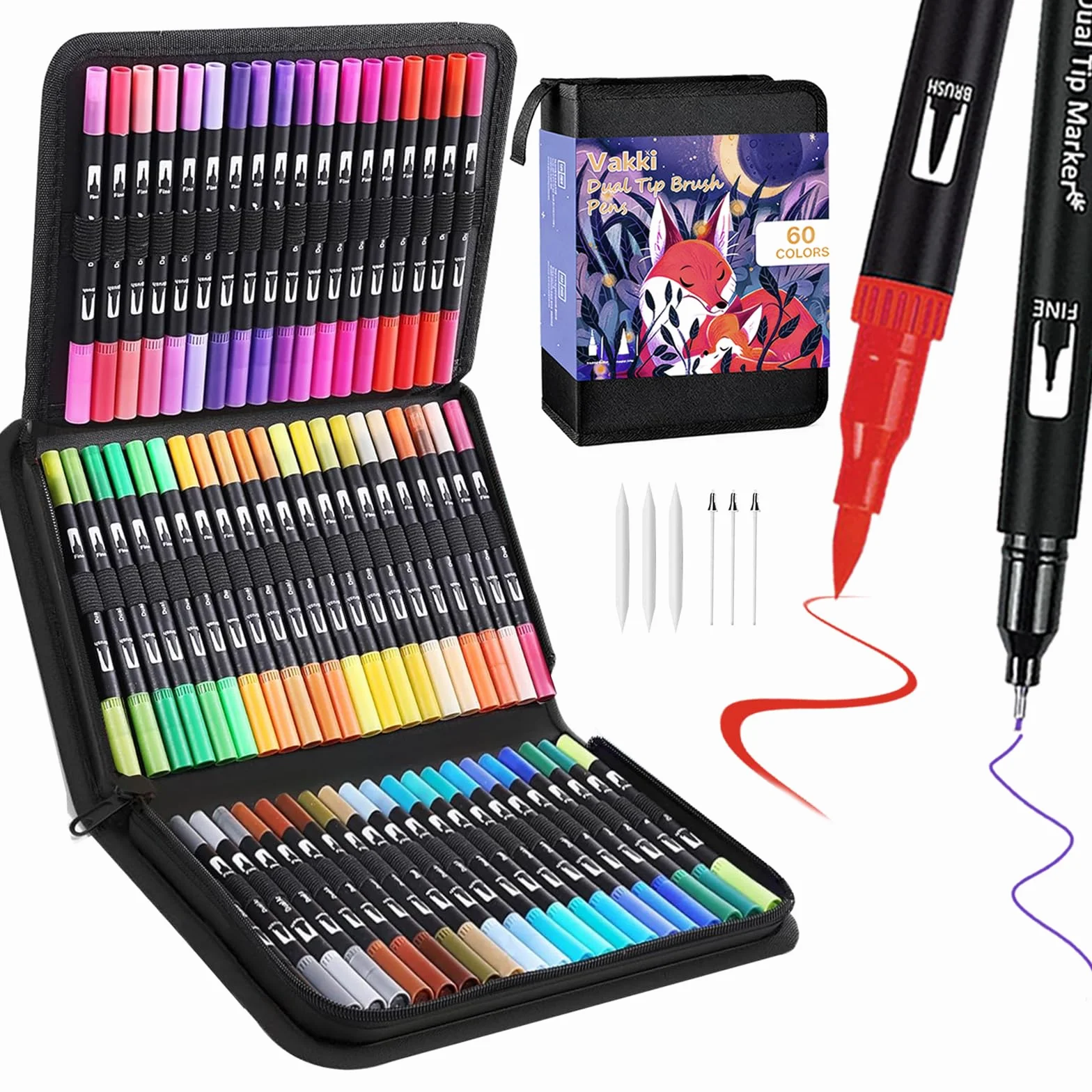 VAKKI Brush Pen Lettering 60 Colori Pennarelli Doppia Punta Fine e Grossa Acquerellabili per Calligrafia